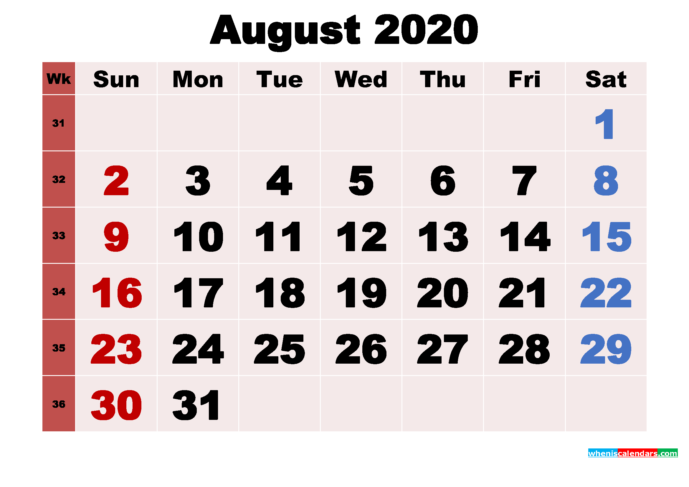 Free Printable Monthly Calendar August 2020