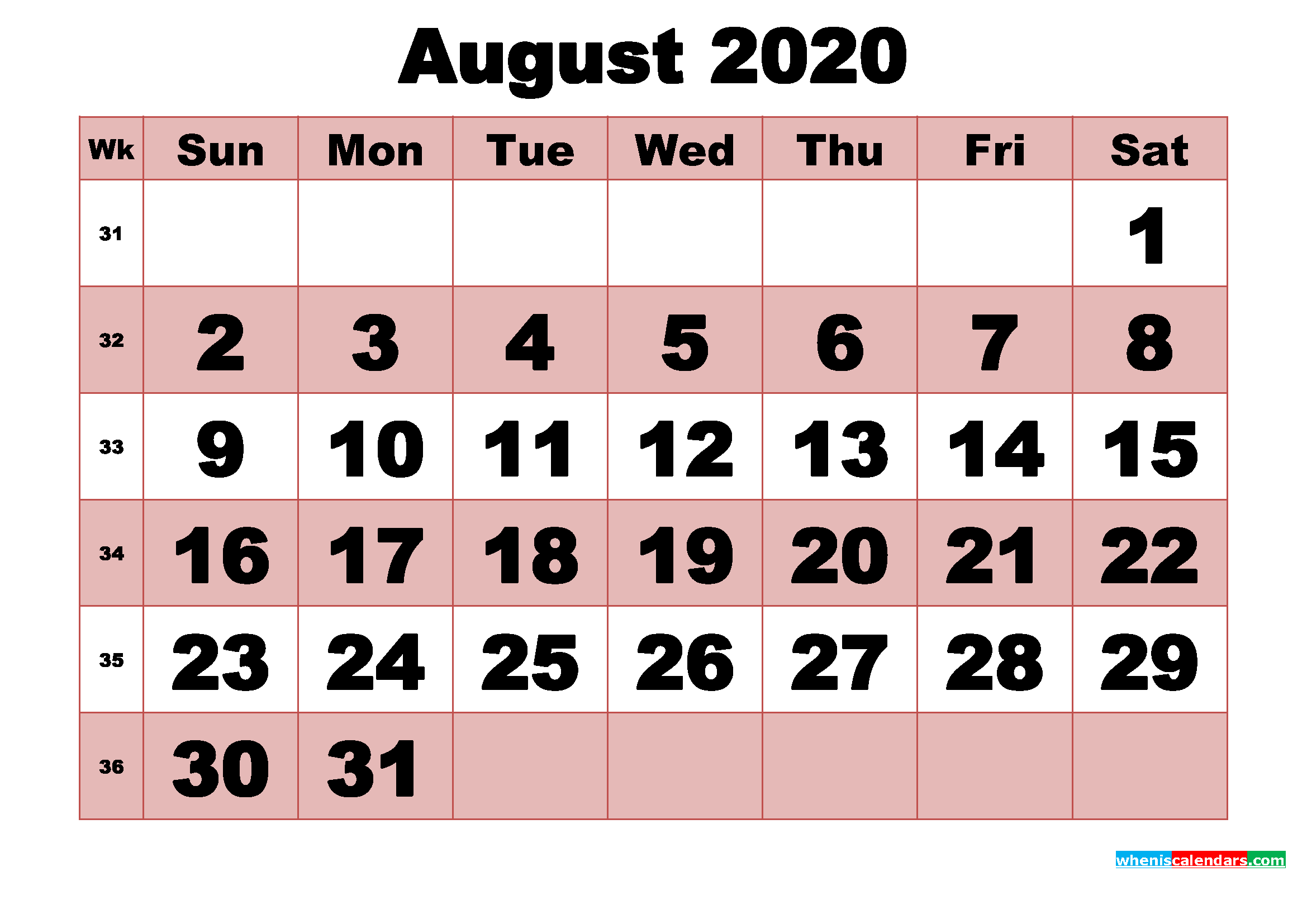 Free Printable Monthly Calendar August 2020