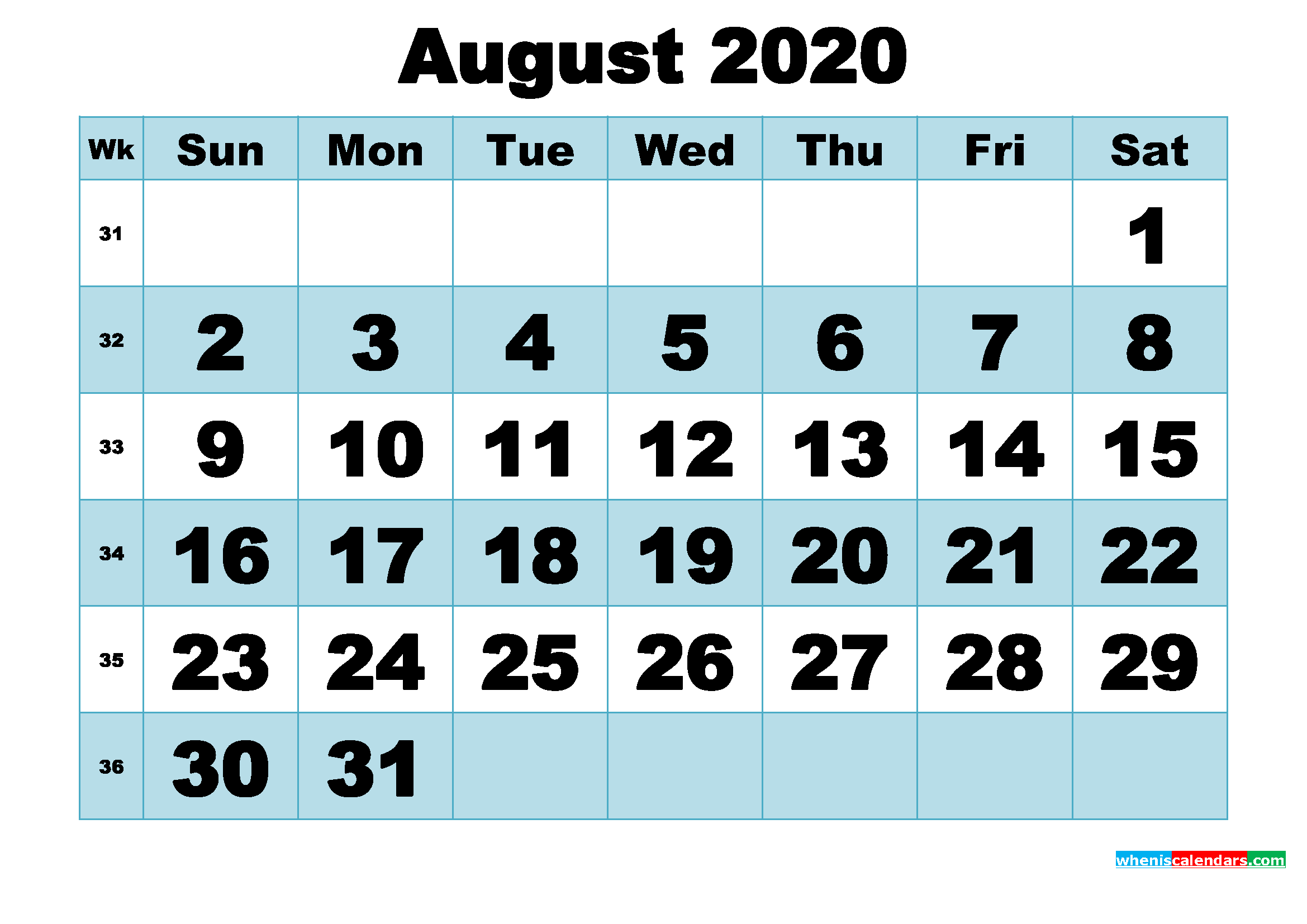 Free Printable August 2020 Calendar Word, PDF, Image
