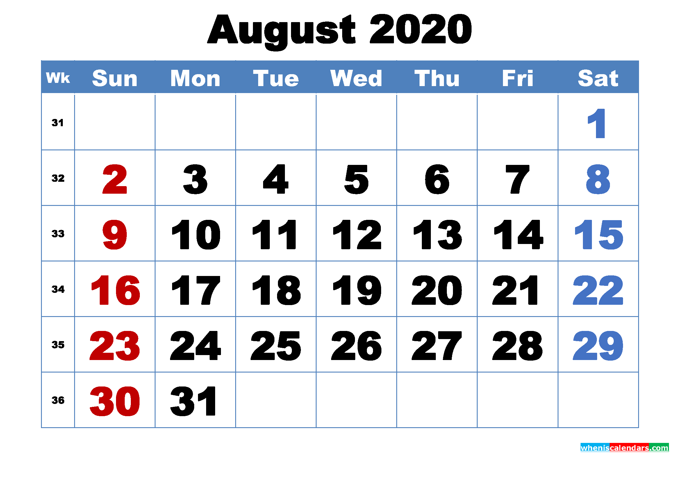 Free Printable August 2020 Calendar Template Word, PDF