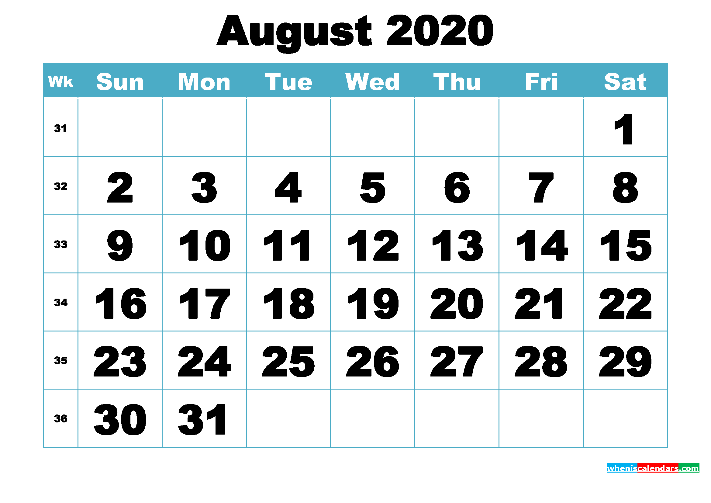 Free August 2020 Printable Monthly Calendar Template