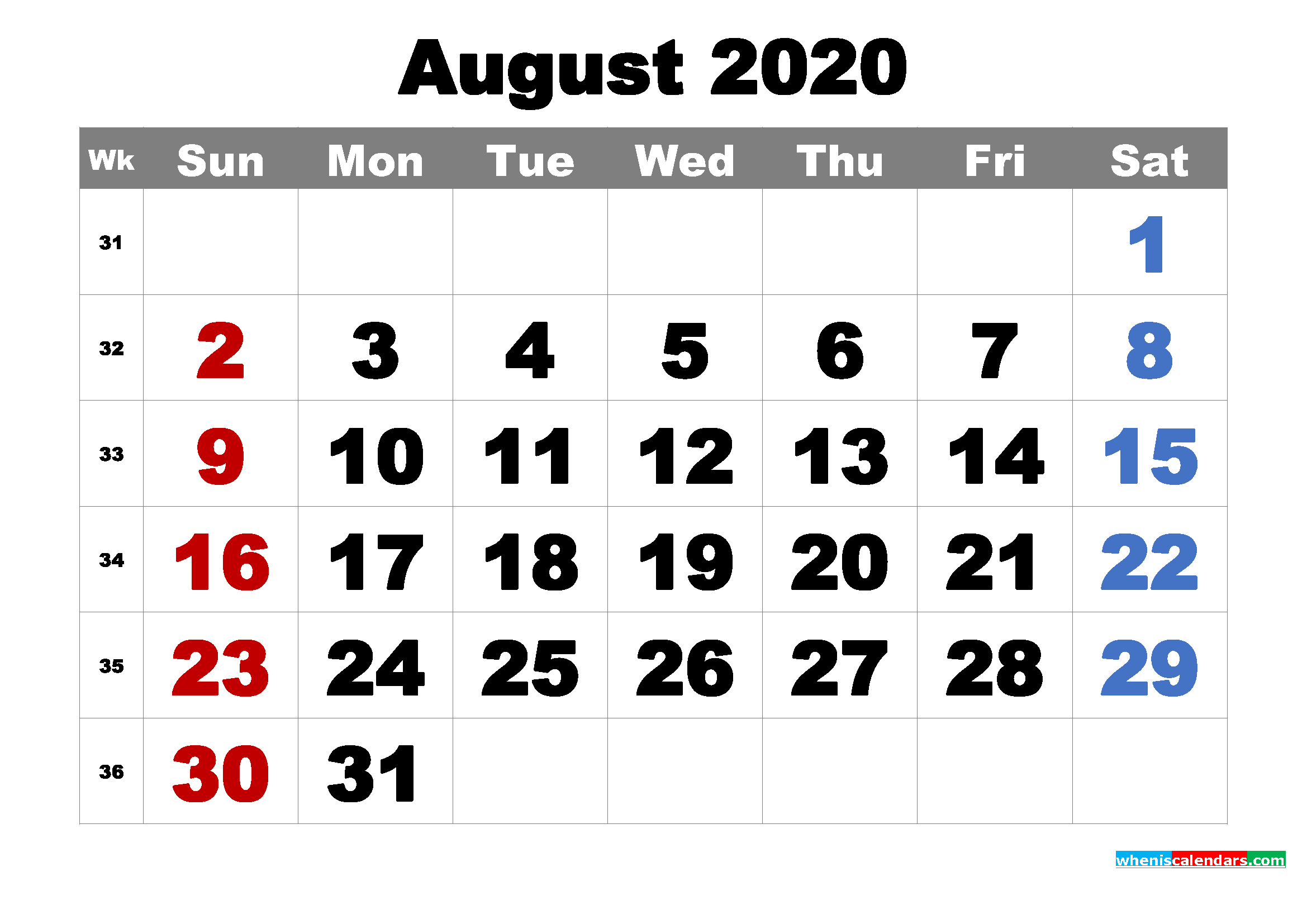 Free Printable August 2020 Calendar Word, PDF, Image