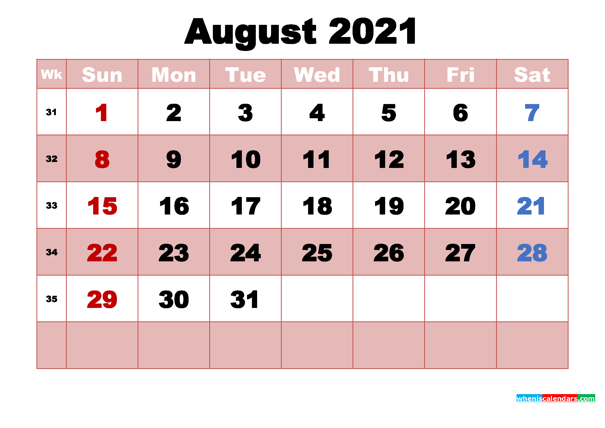 August 2021 Printable Monthly Calendar with Holidays