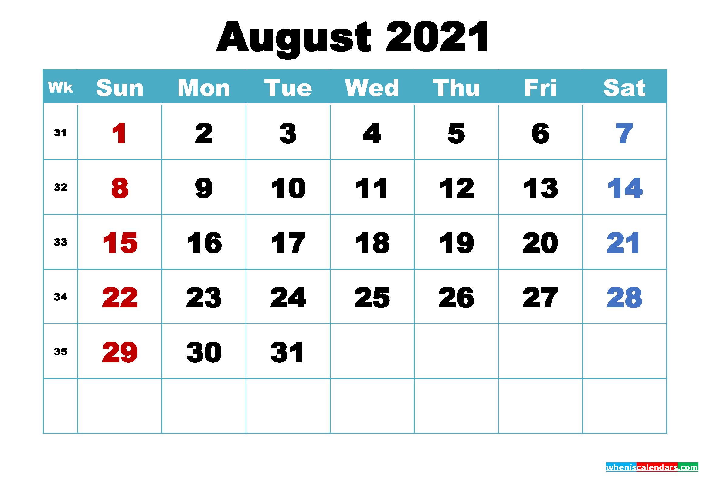 Free Printable 2021 Calendar August as Word, PDF