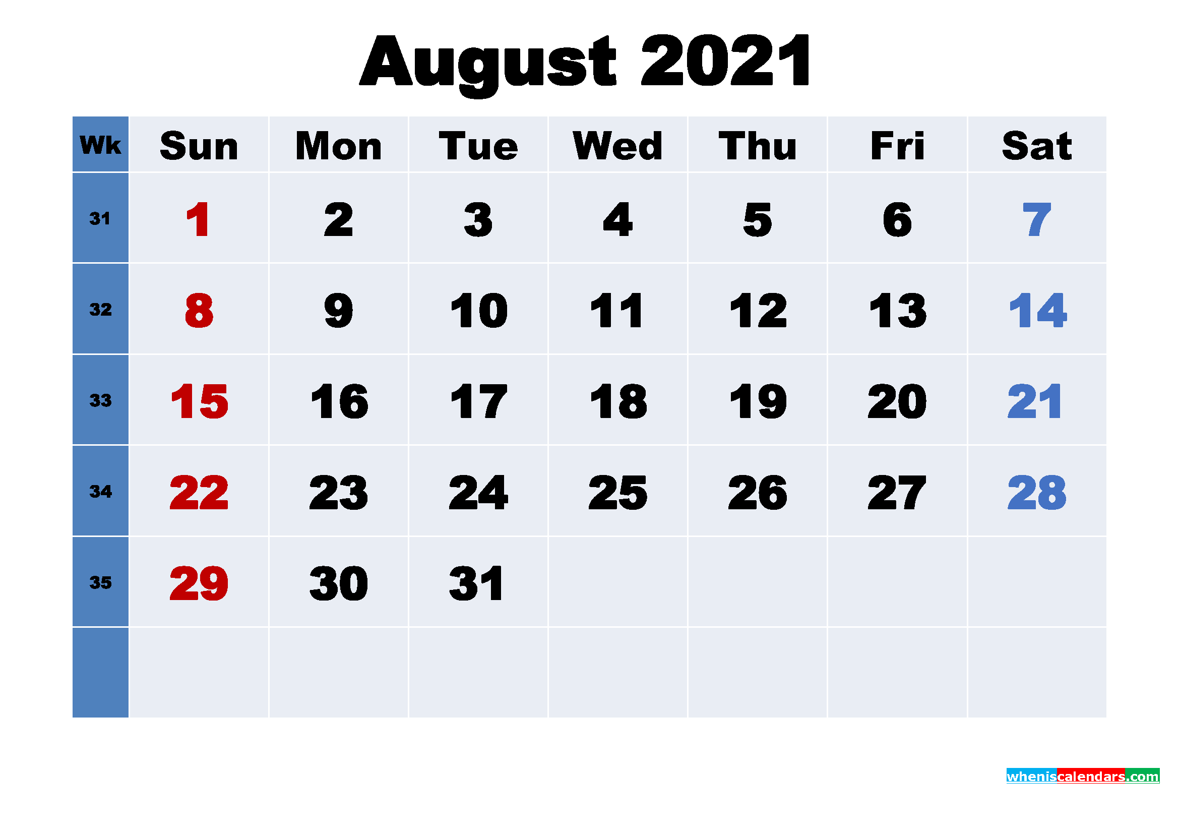 Free 2021 Printable Calendar August as Word, PDF