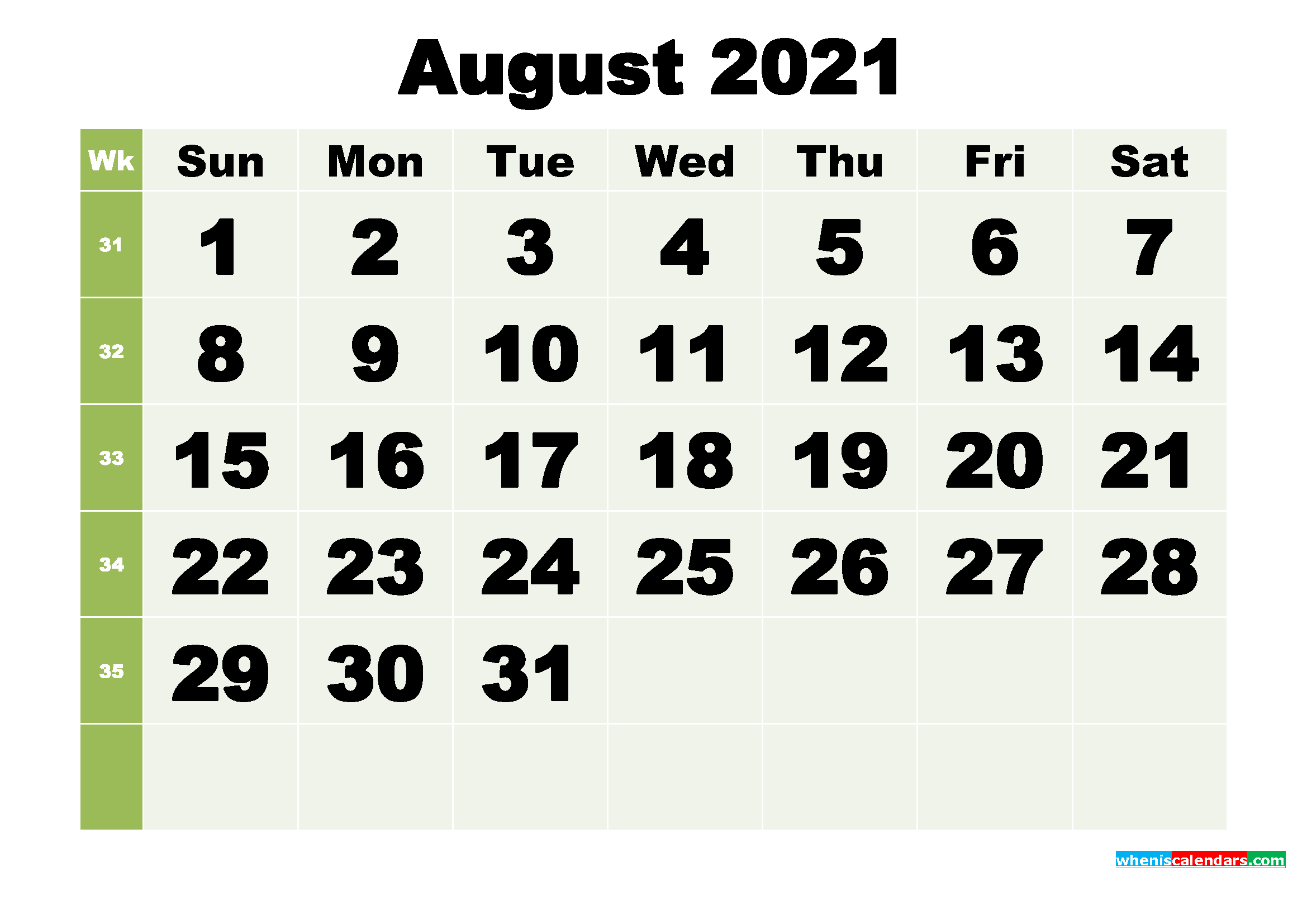 August 2021 Printable Calendar Template