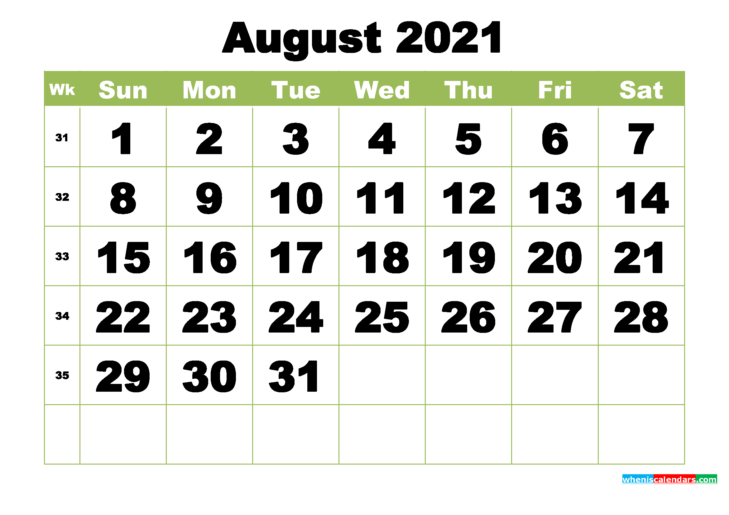 Free Printable Monthly Calendar August 2021