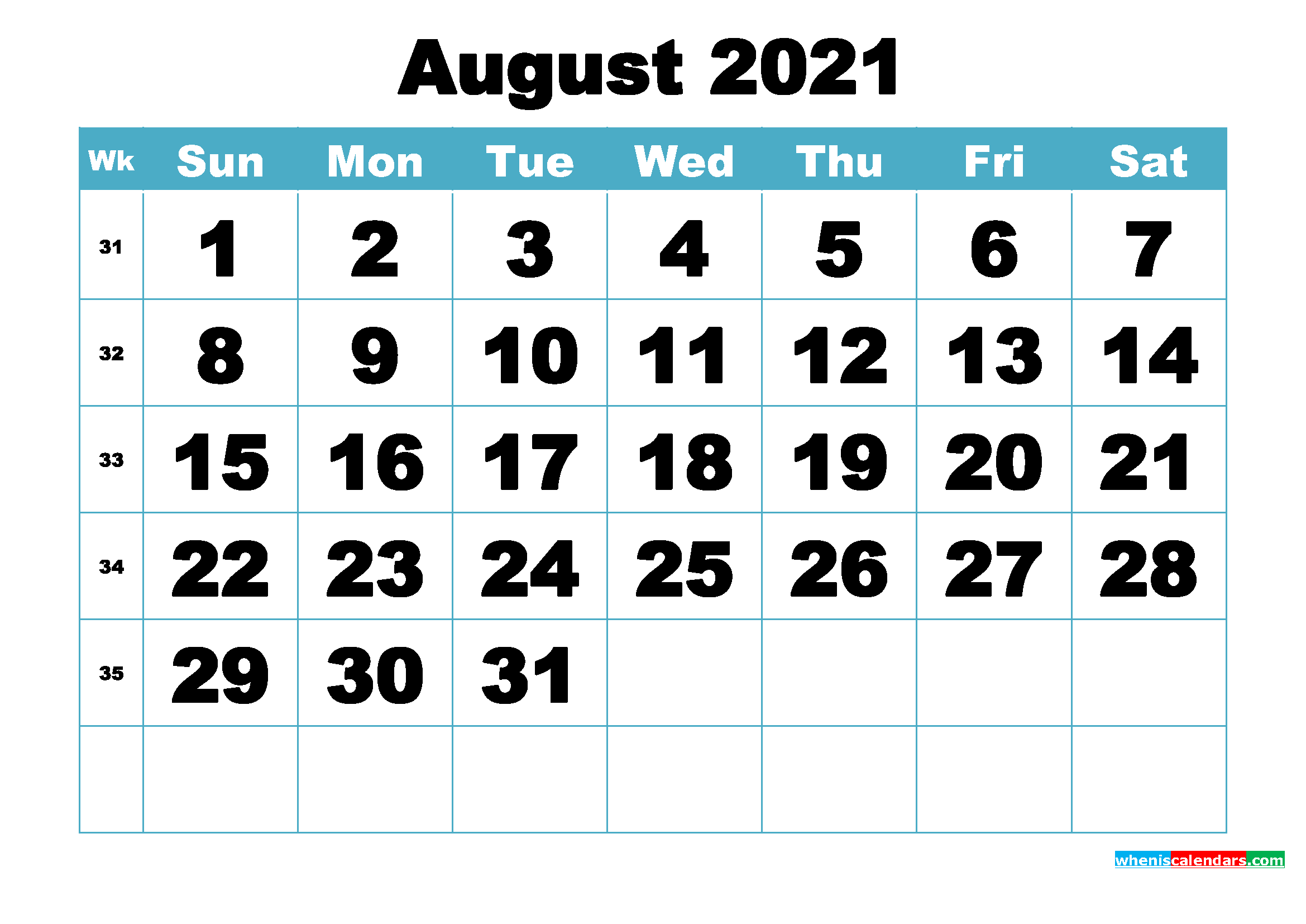 Free August 2021 Printable Monthly Calendar Template