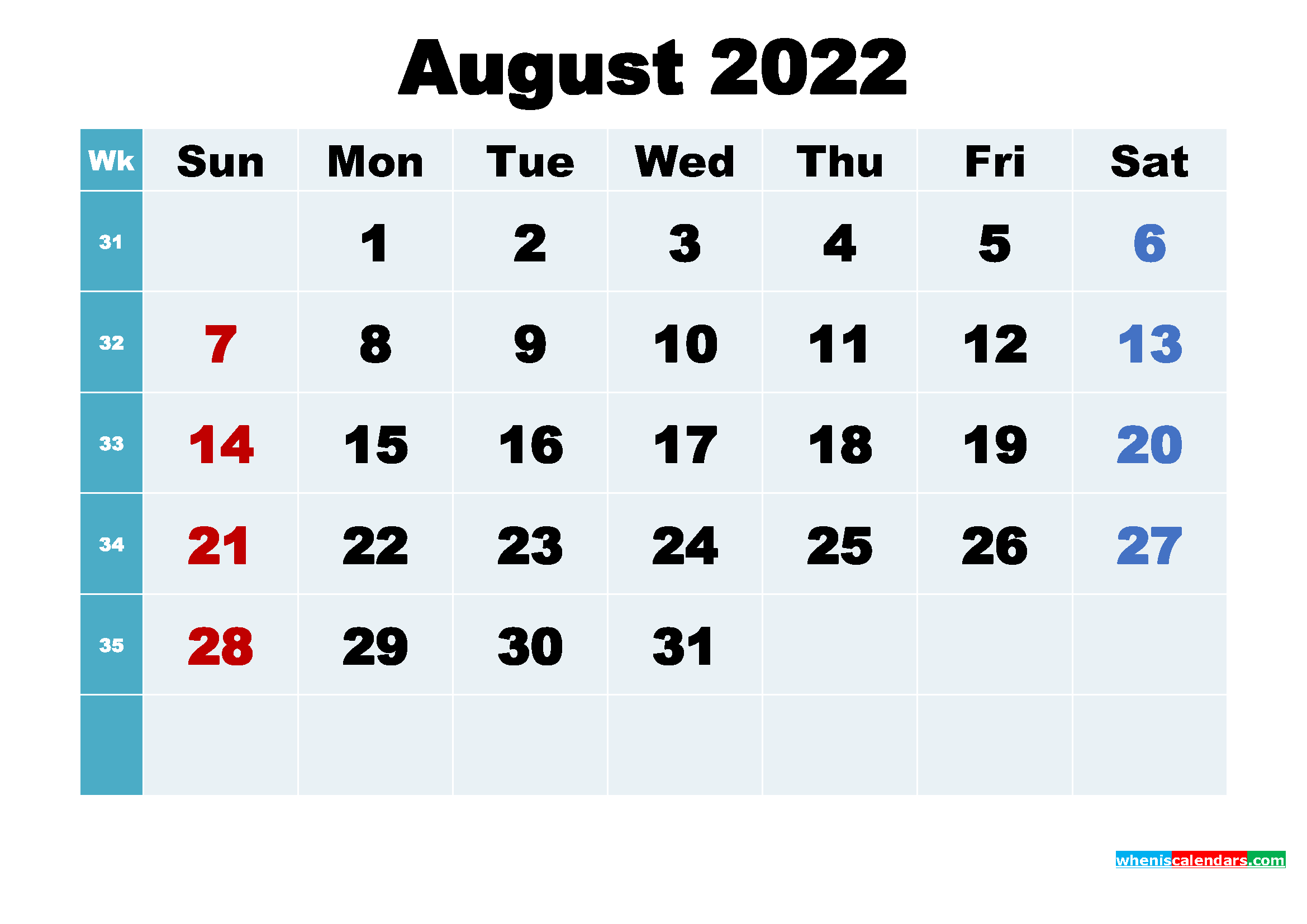 Free August 2022 Printable Calendar with Holidays