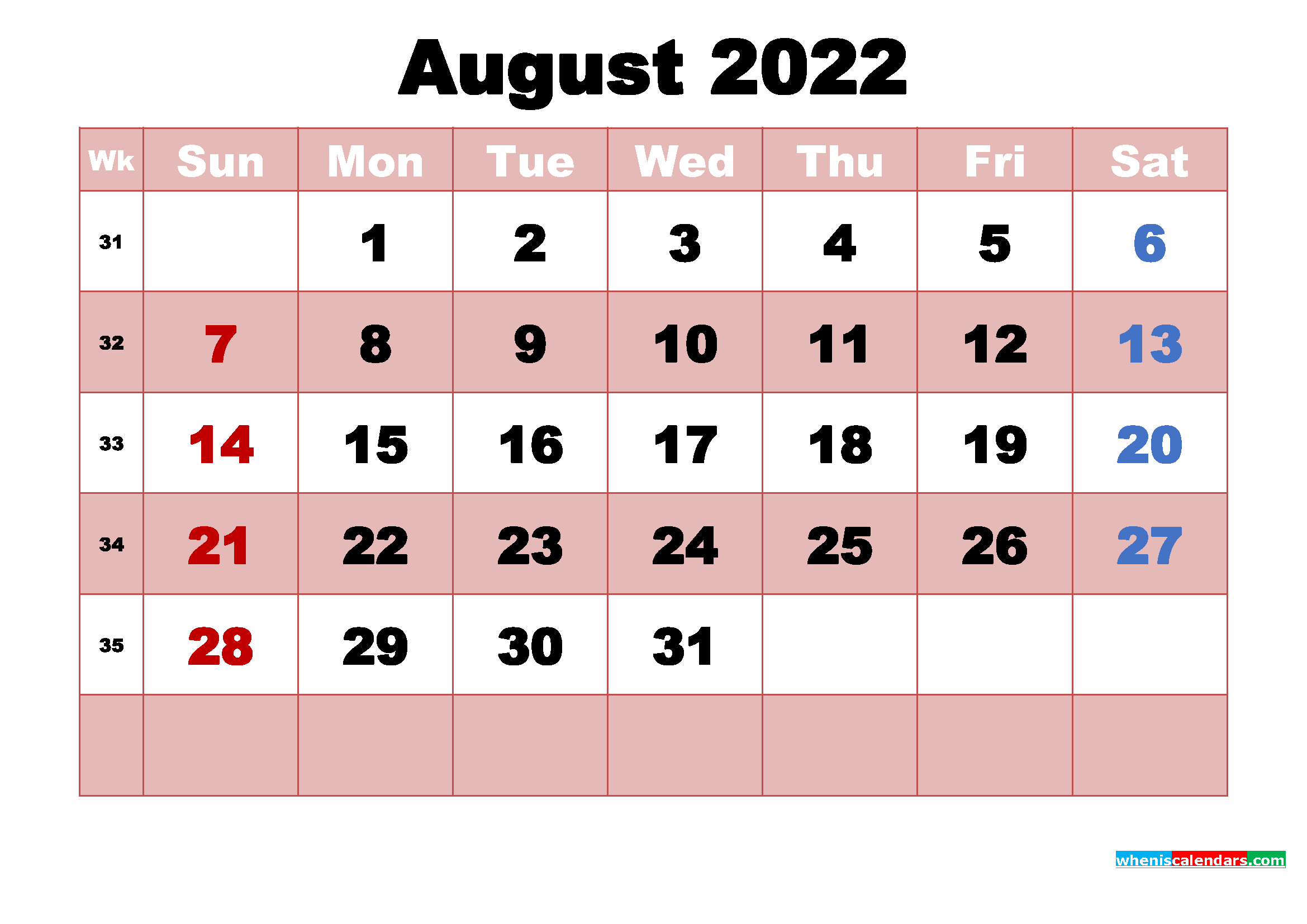 August 2022 Printable Monthly Calendar with Holidays