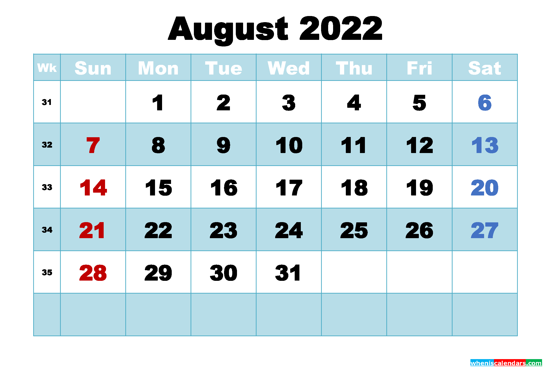 Free Printable August 2022 Calendar with Holidays as Word, PDF