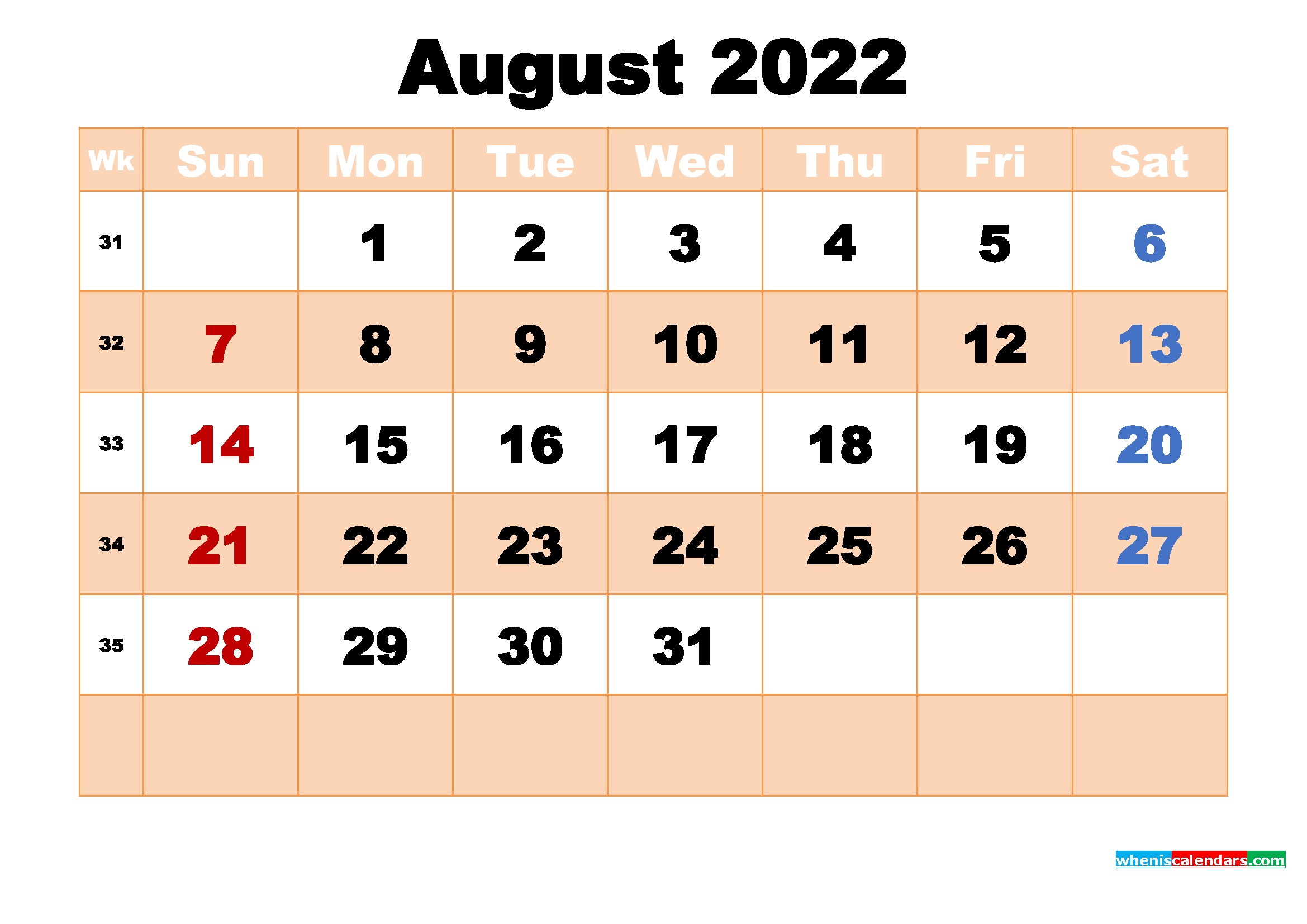 Free Printable August 2022 Calendar with Holidays