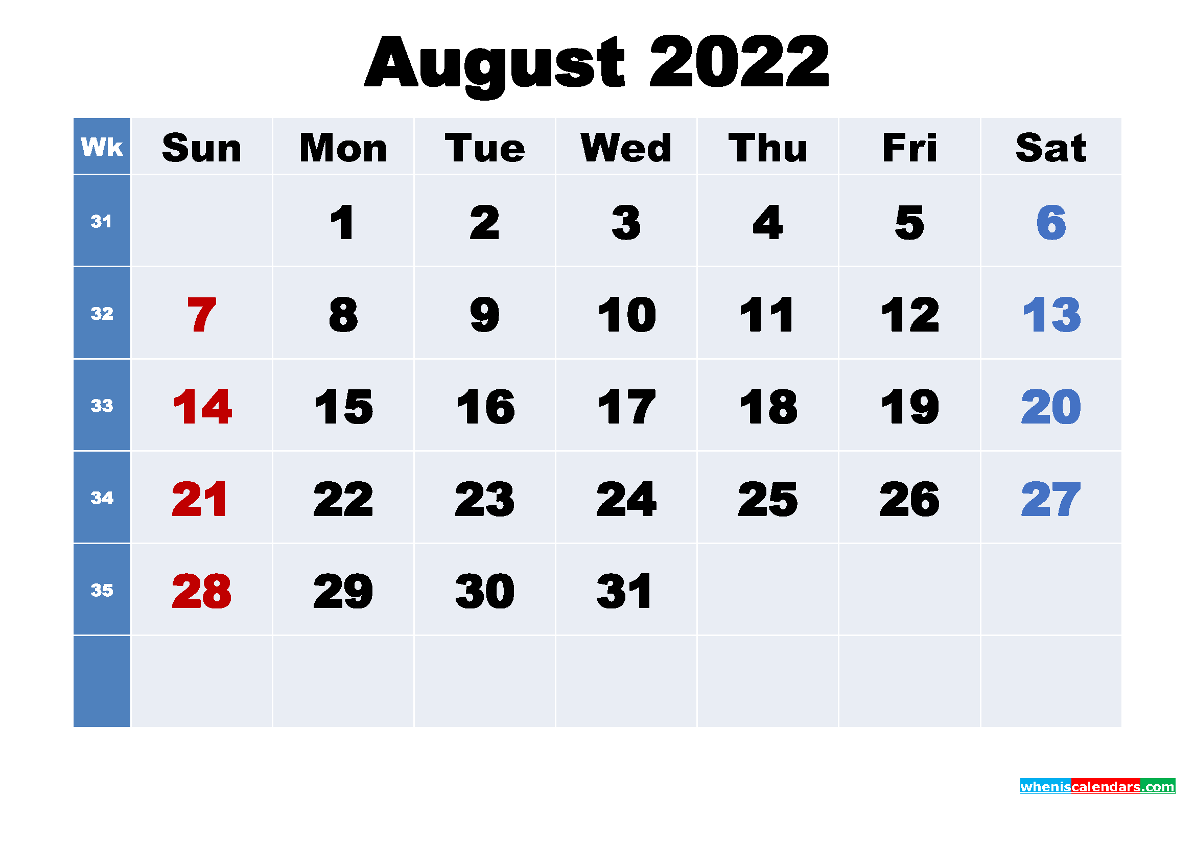 Free 2022 Printable Calendar August as Word, PDF