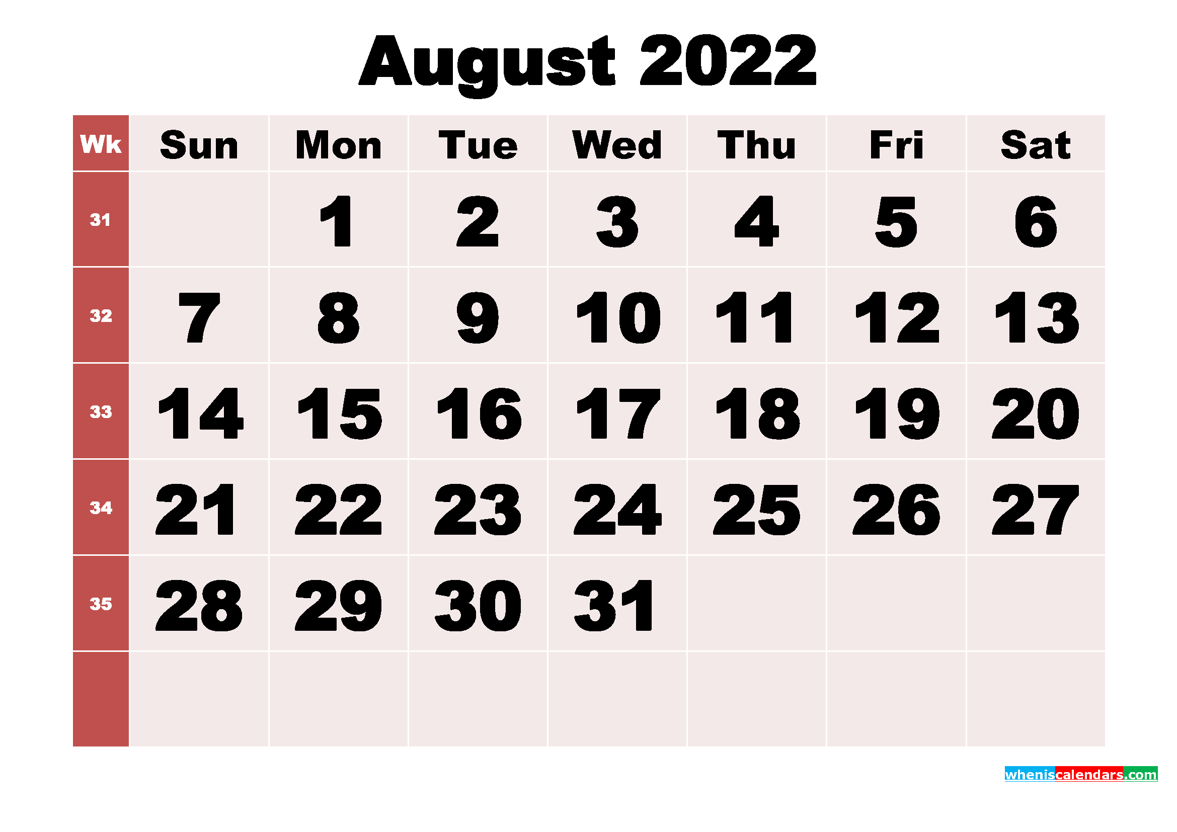 Free Printable Monthly Calendar August 2022