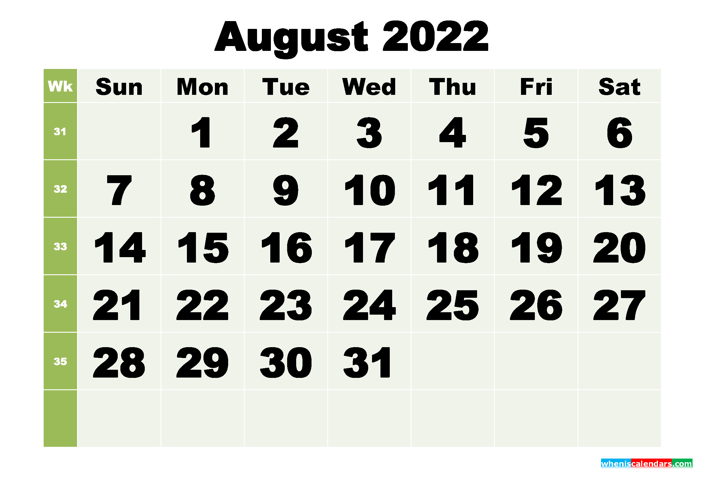 August 2022 Printable Calendar Template