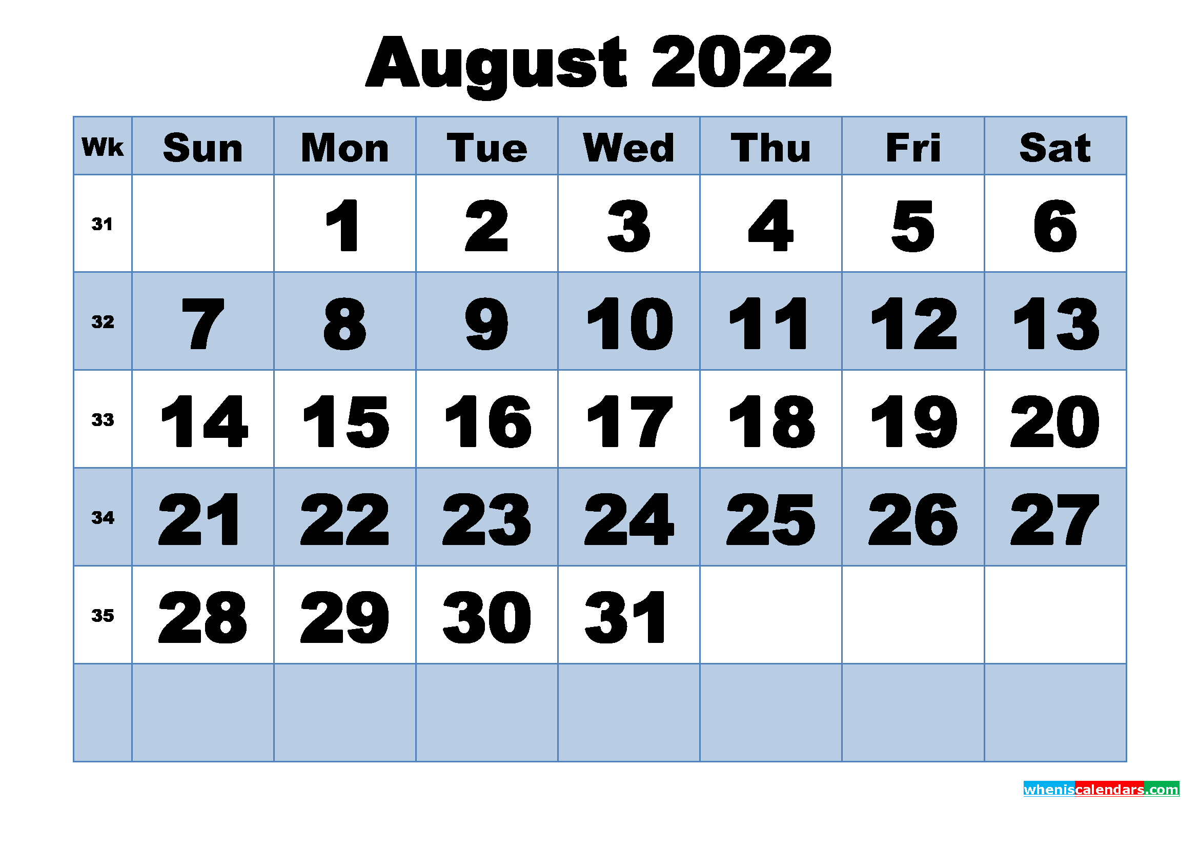 Free Printable August 2022 Calendar with Week Numbers