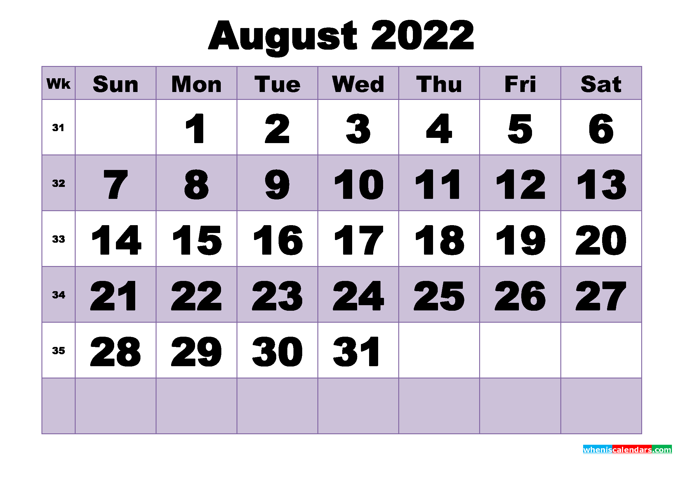 Free August 2022 Printable Monthly Calendar Template