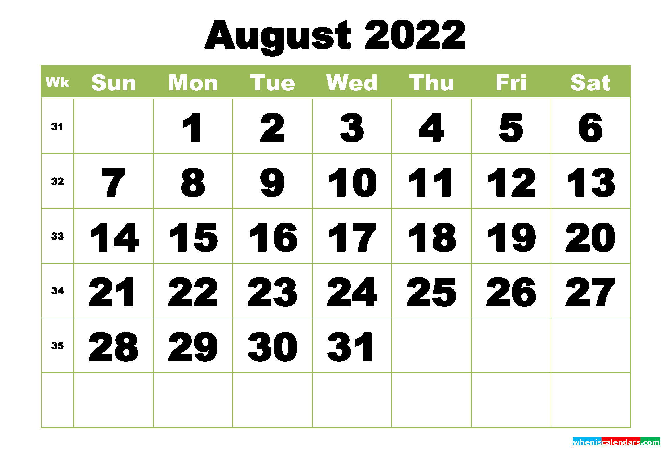 Free Printable Monthly Calendar August 2022