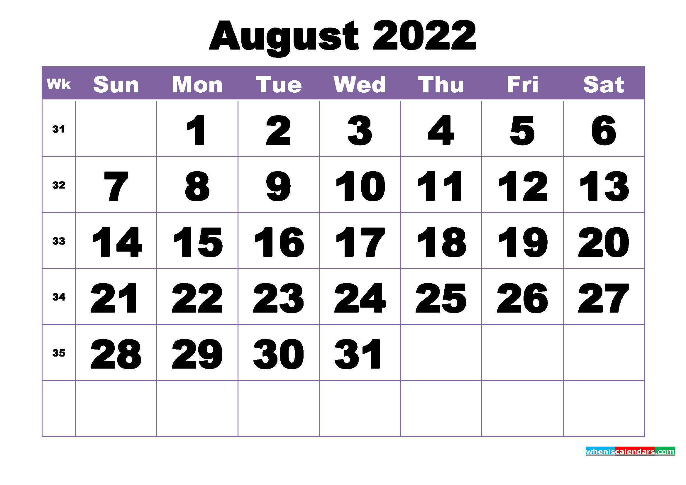 August 2022 Printable Calendar Template