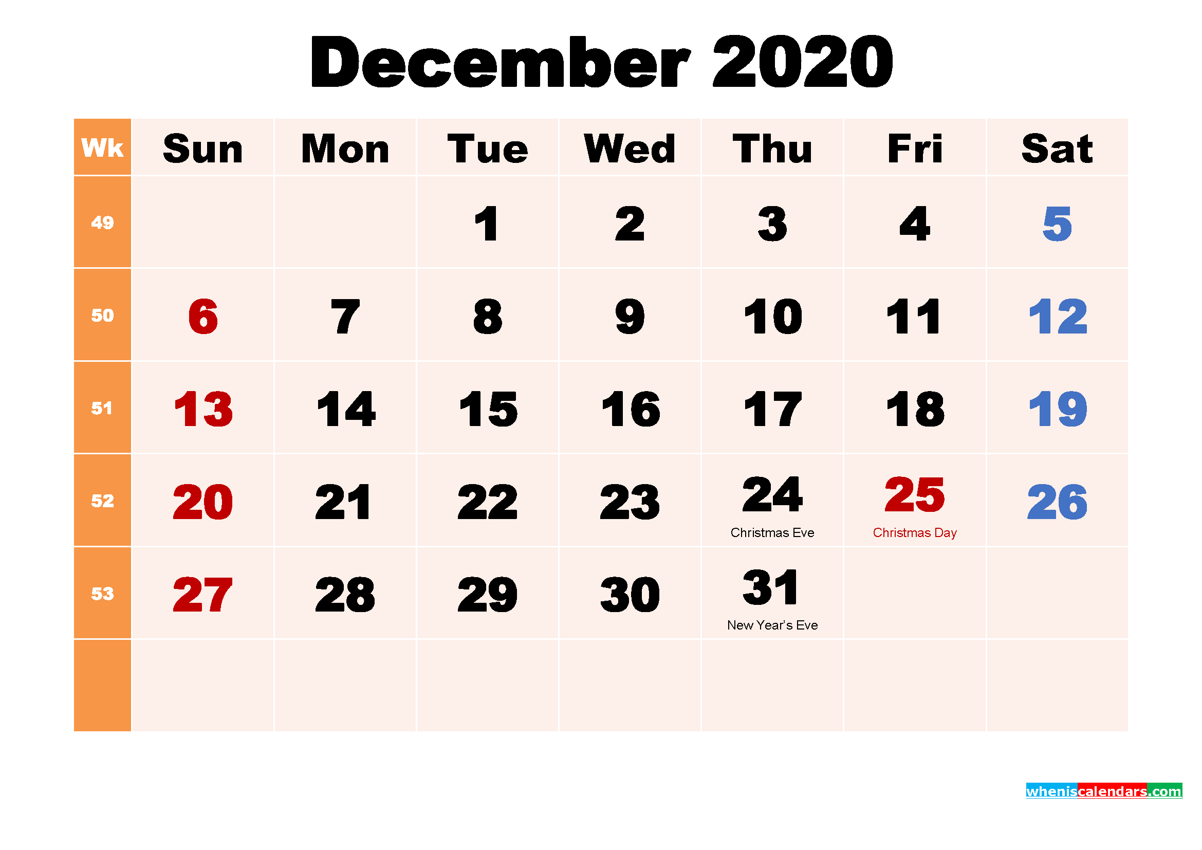 December 2020 Printable Calendar with Holidays Word, PDF