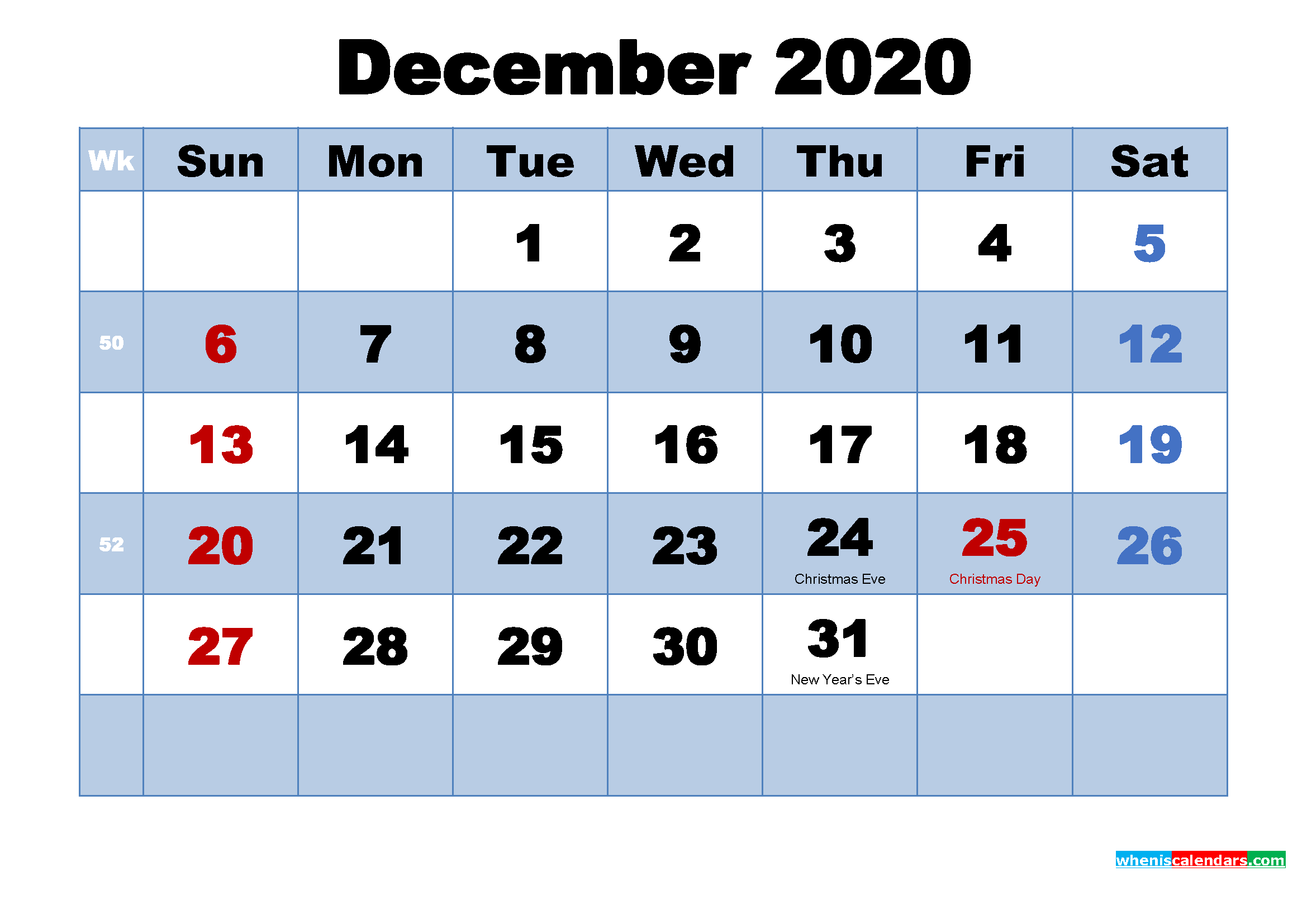 Free Printable 2020 Calendar December as Word, PDF