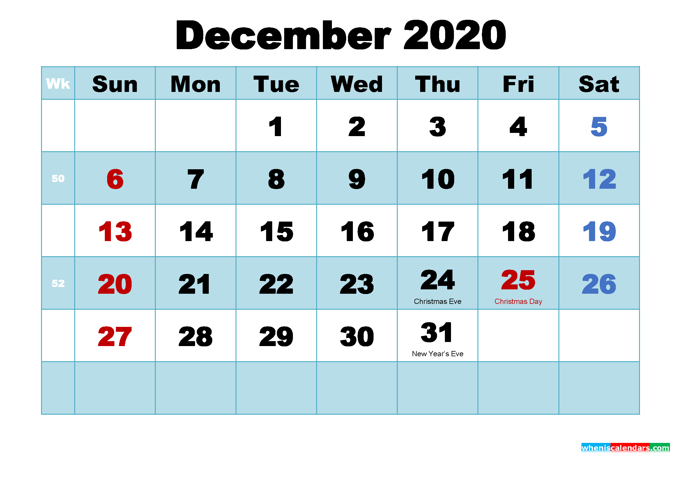 Free Printable December 2020 Calendar with Holidays as Word, PDF