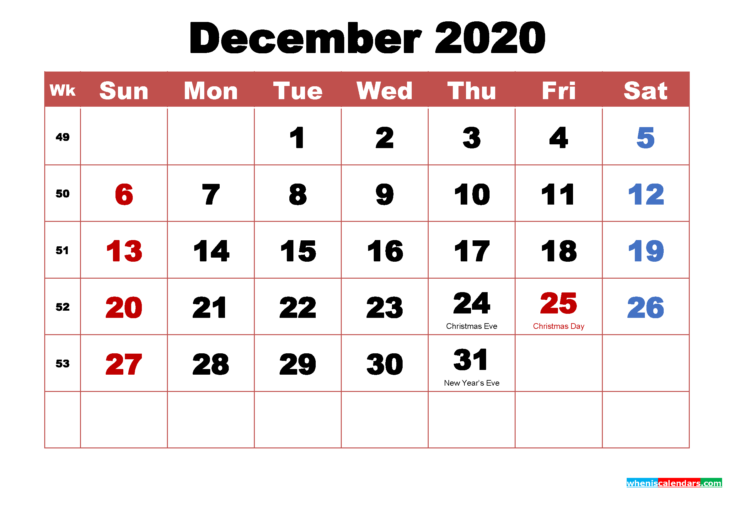 Printable December 2020 Calendar with Holidays Word, PDF