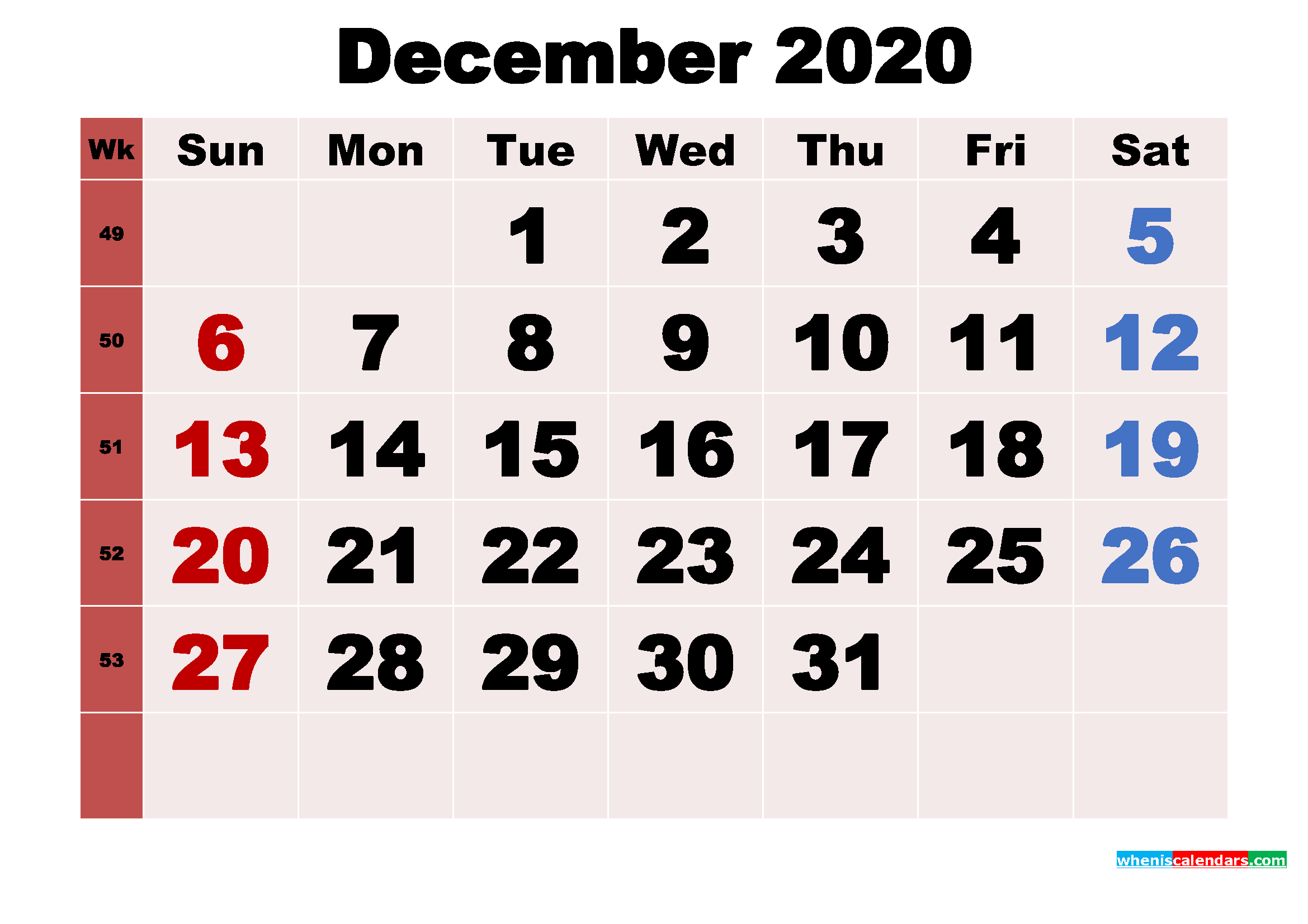 Free Printable Monthly Calendar December 2020