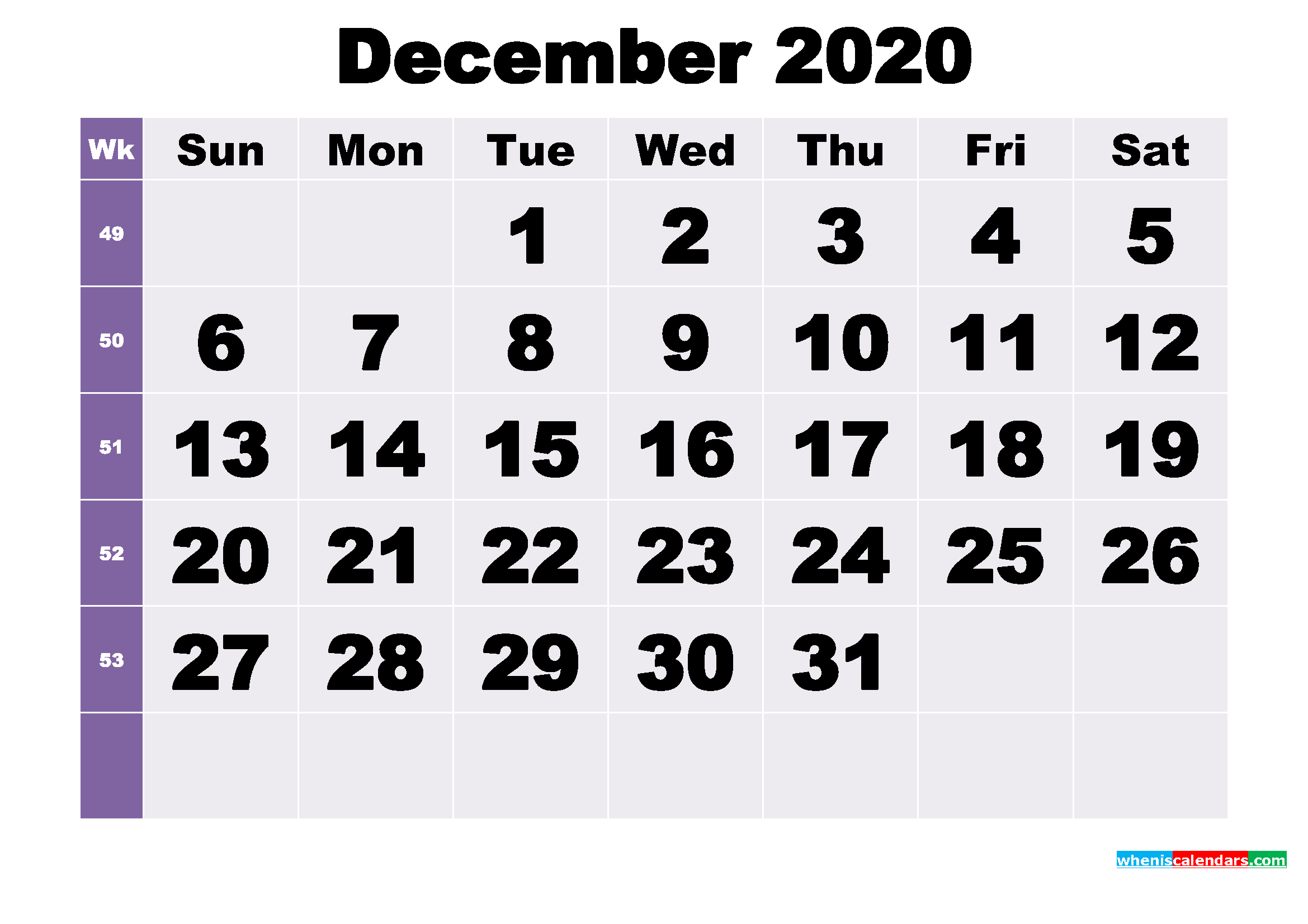 Free December 2020 Printable Monthly Calendar Template