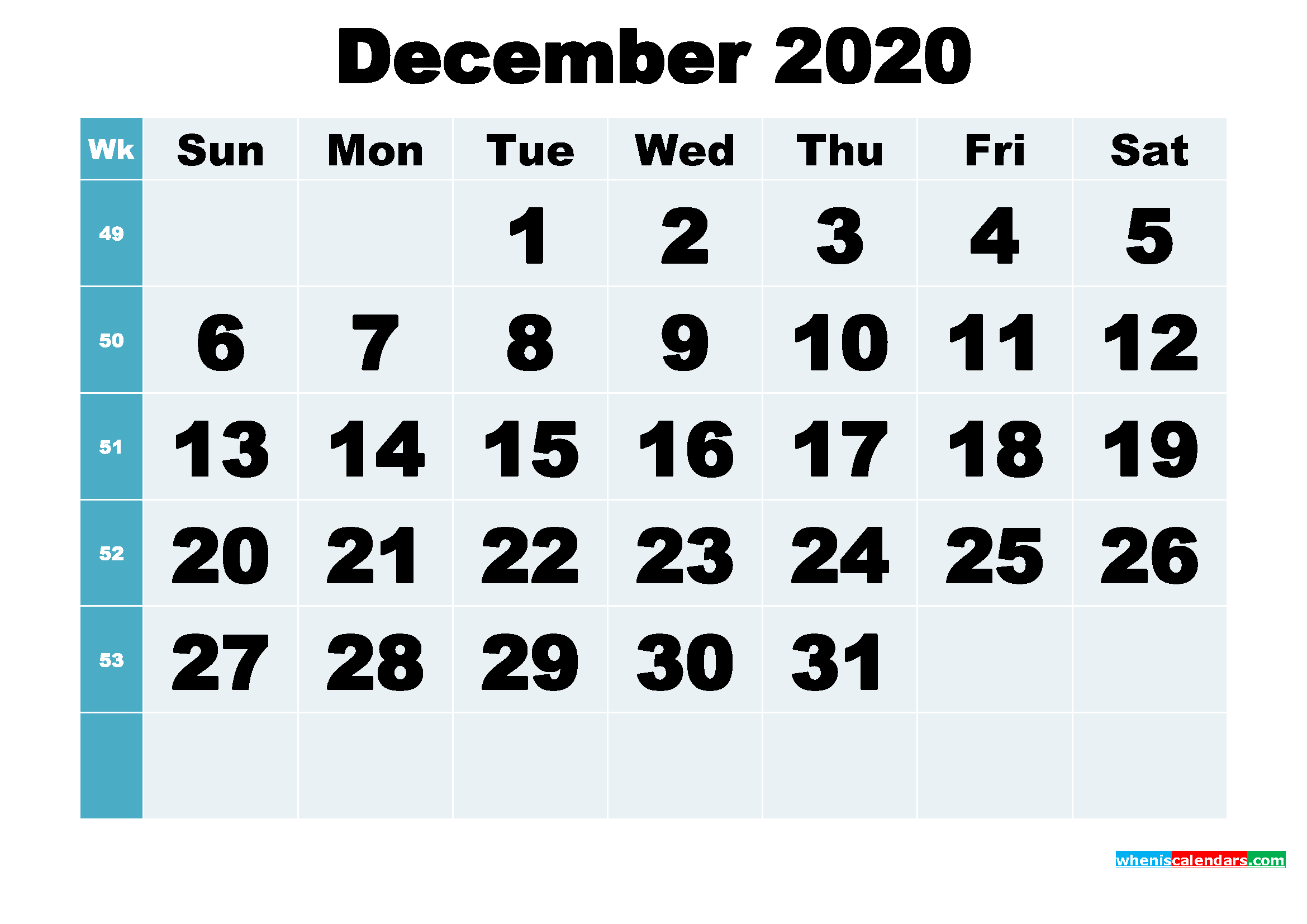 Free Printable December 2020 Calendar Word, PDF, Image