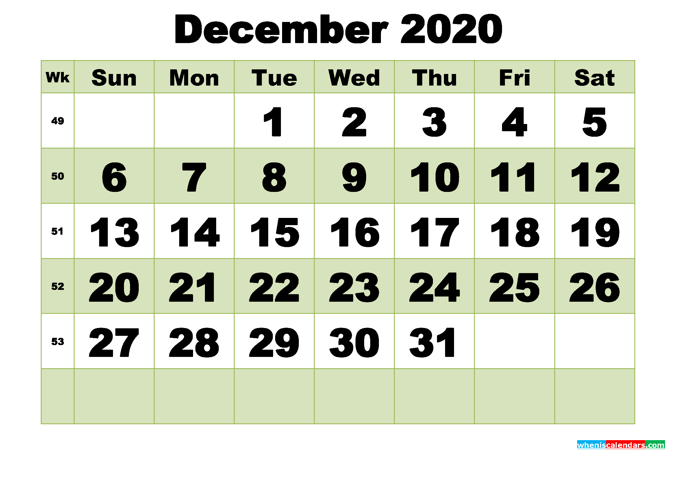 December 2020 Printable Calendar Template