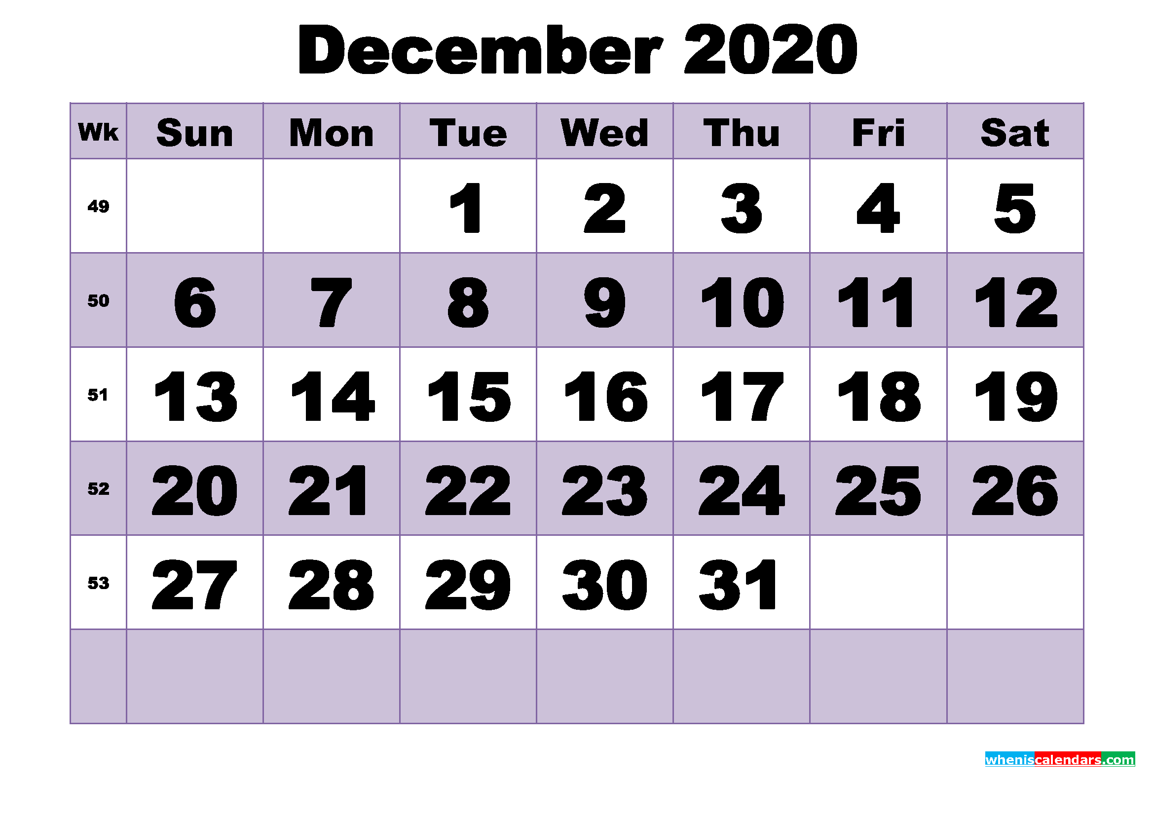 Free December 2020 Printable Monthly Calendar Template