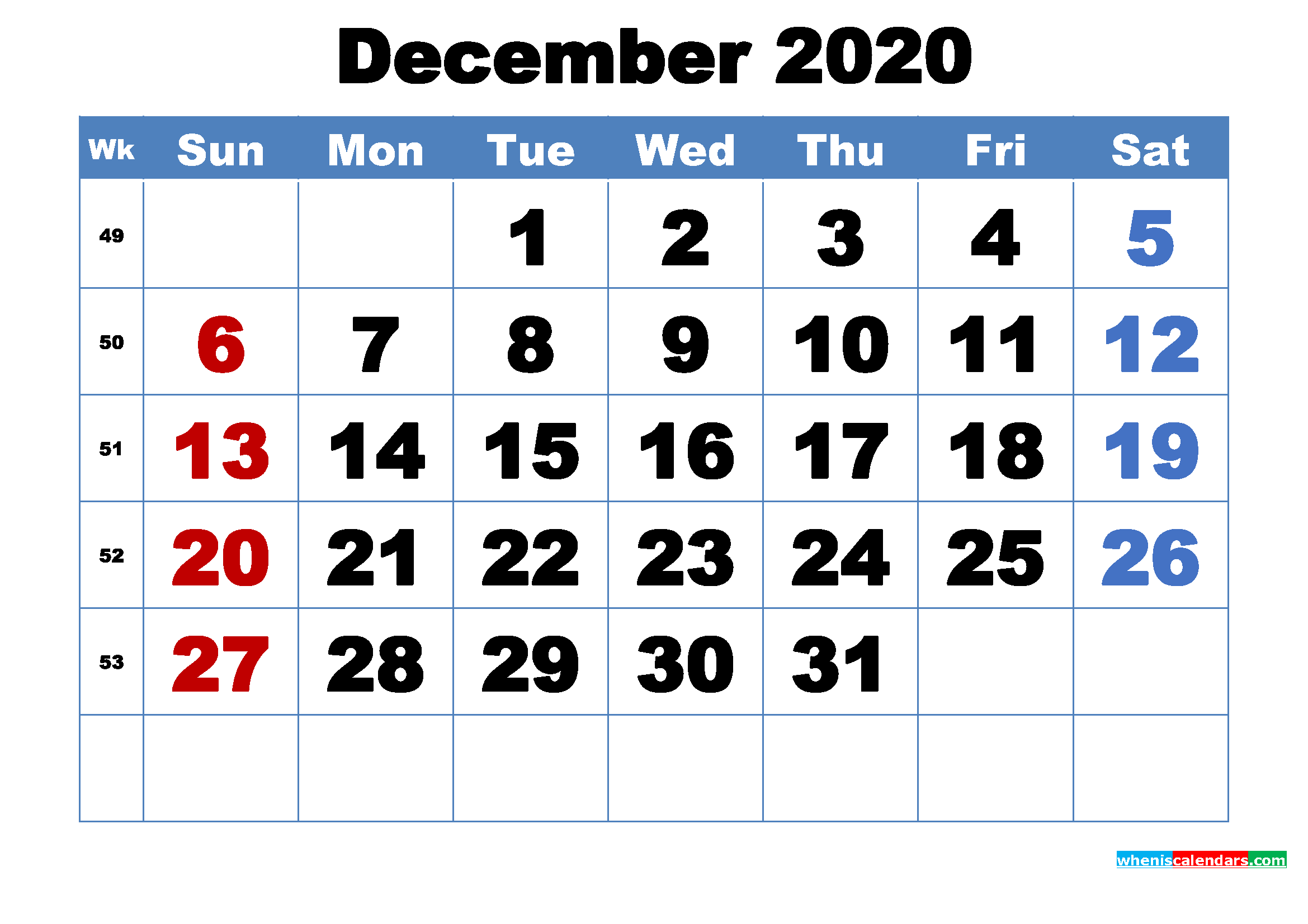 Free Printable December 2020 Calendar Template Word, PDF