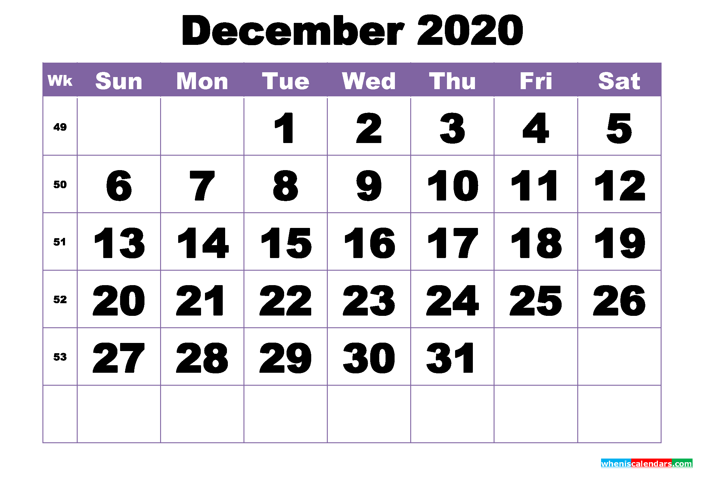 December 2020 Printable Calendar Template