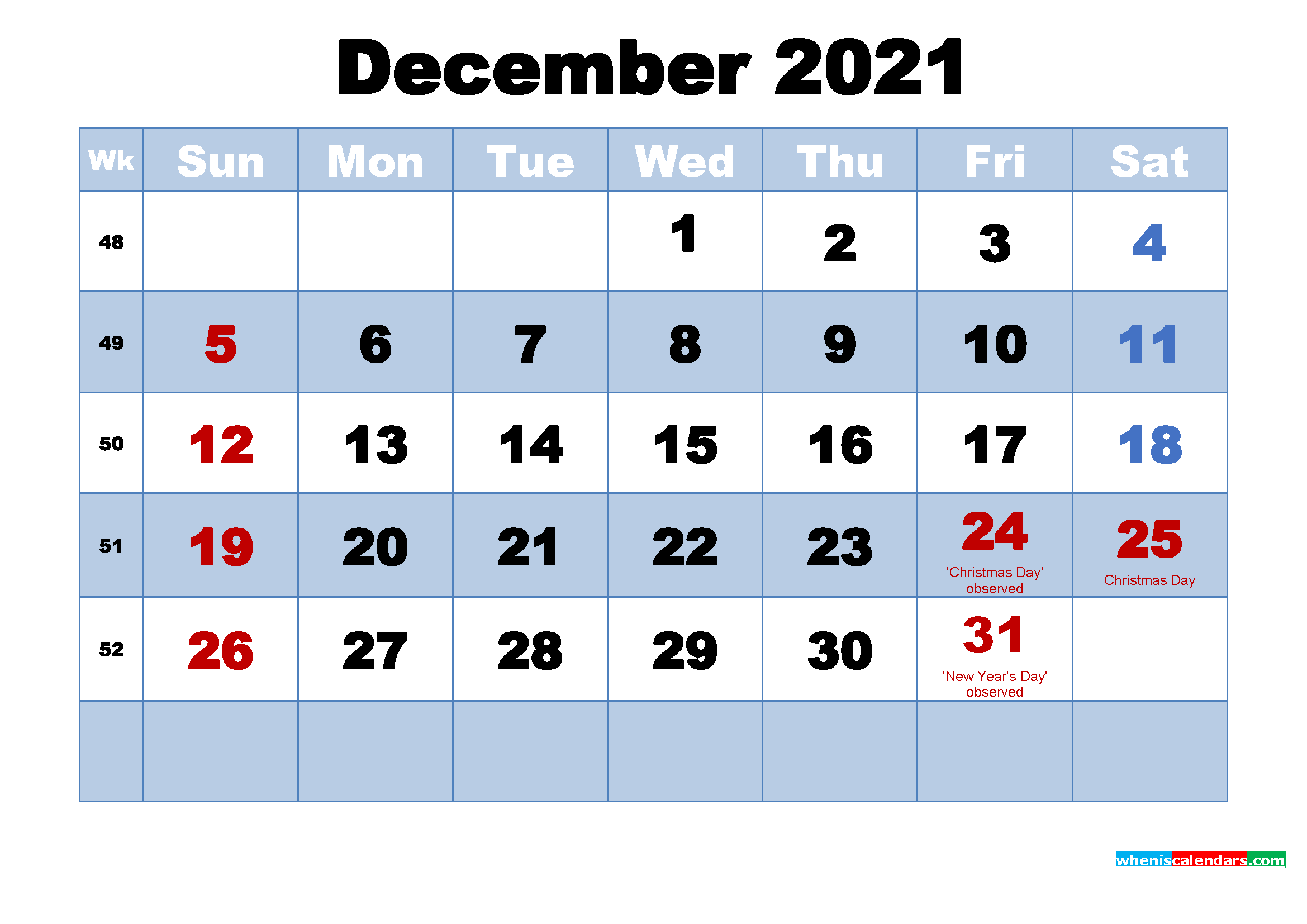 Free Printable 2021 Calendar December as Word, PDF