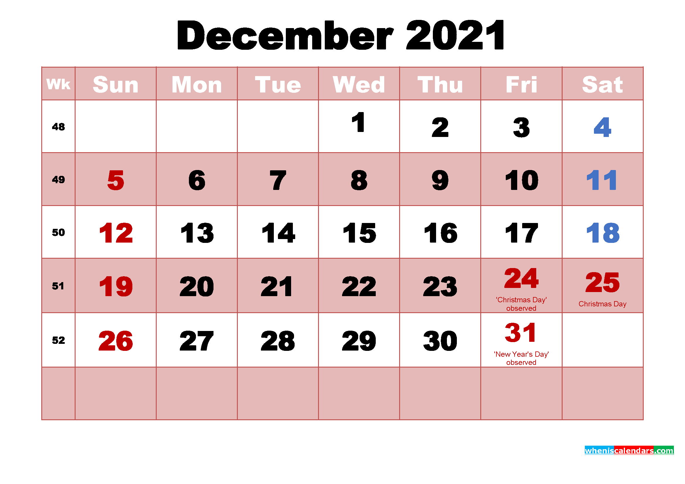 December 2021 Printable Monthly Calendar with Holidays