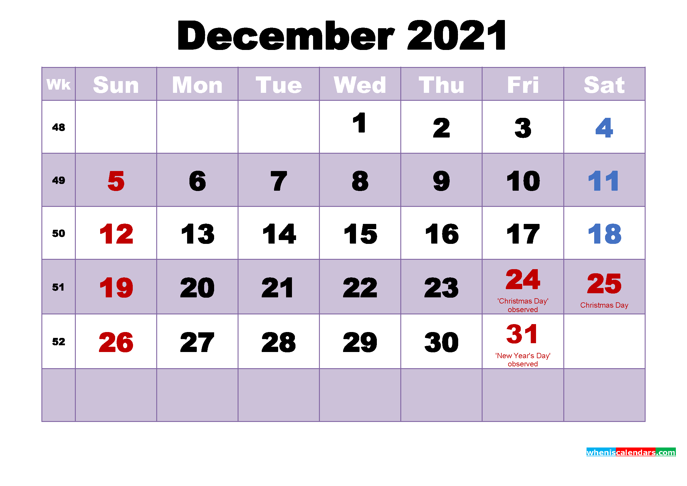 Free 2021 Printable Calendar December as Word, PDF