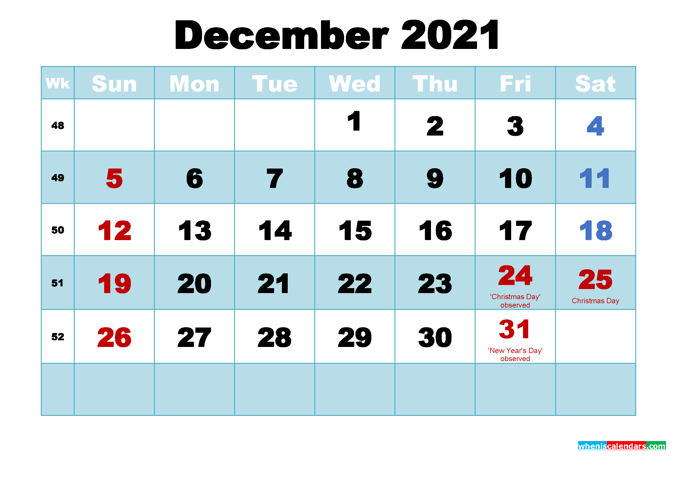 Free Printable 2021 Calendar with Holidays December