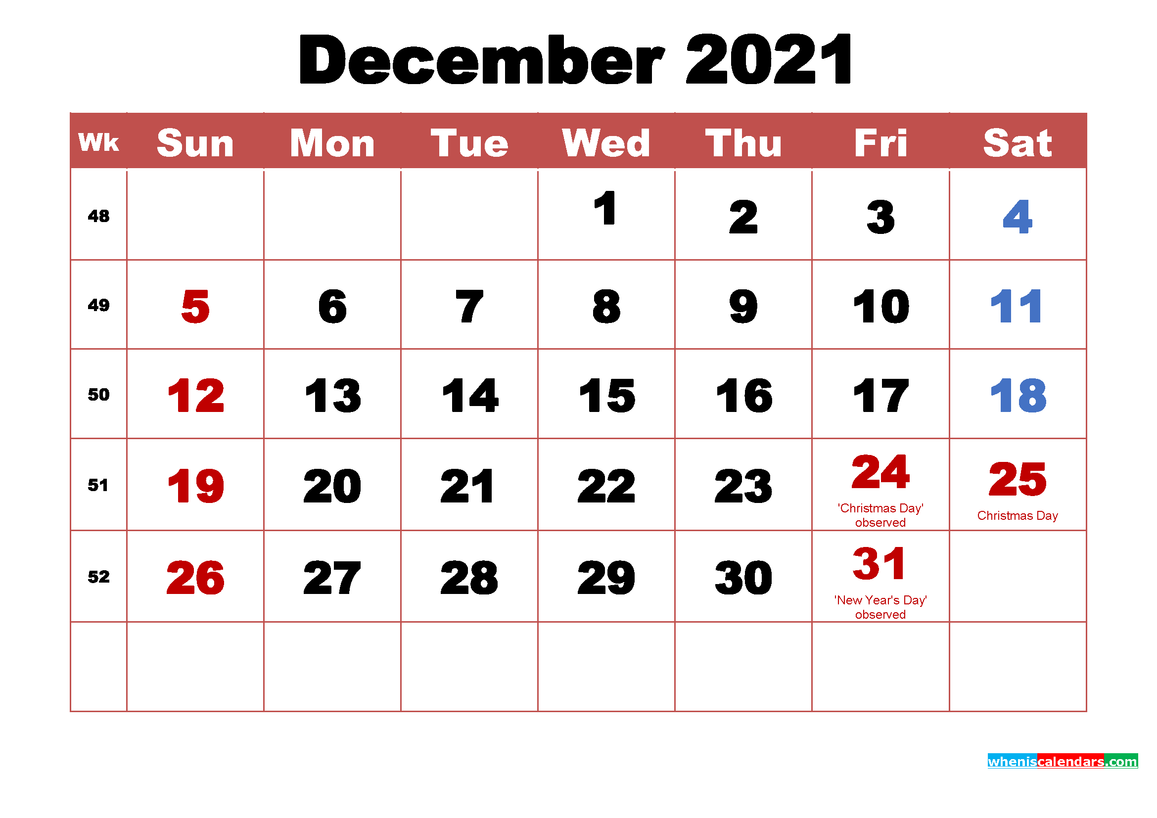Printable December 2021 Calendar with Holidays Word, PDF
