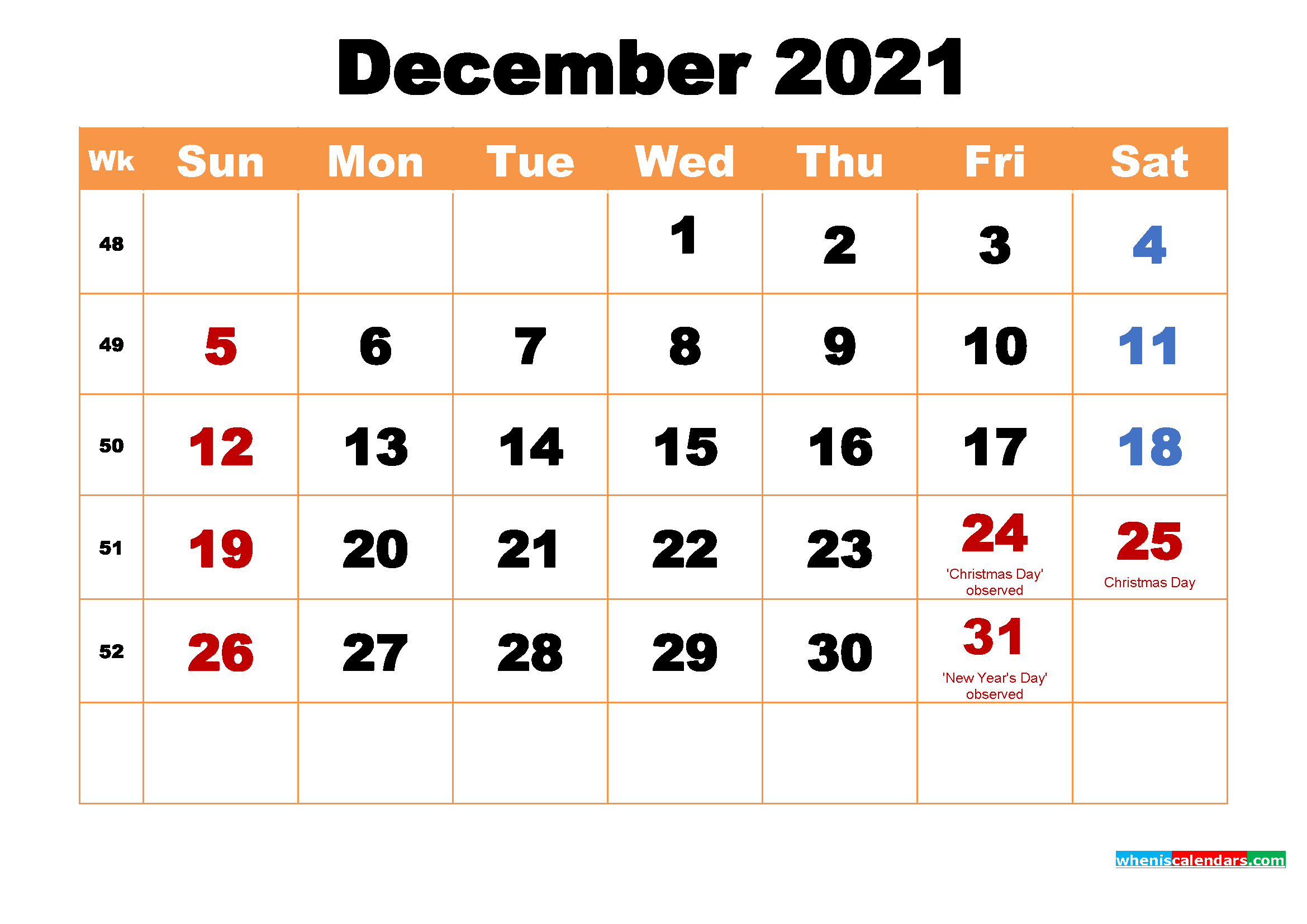 December 2021 Printable Monthly Calendar with Holidays