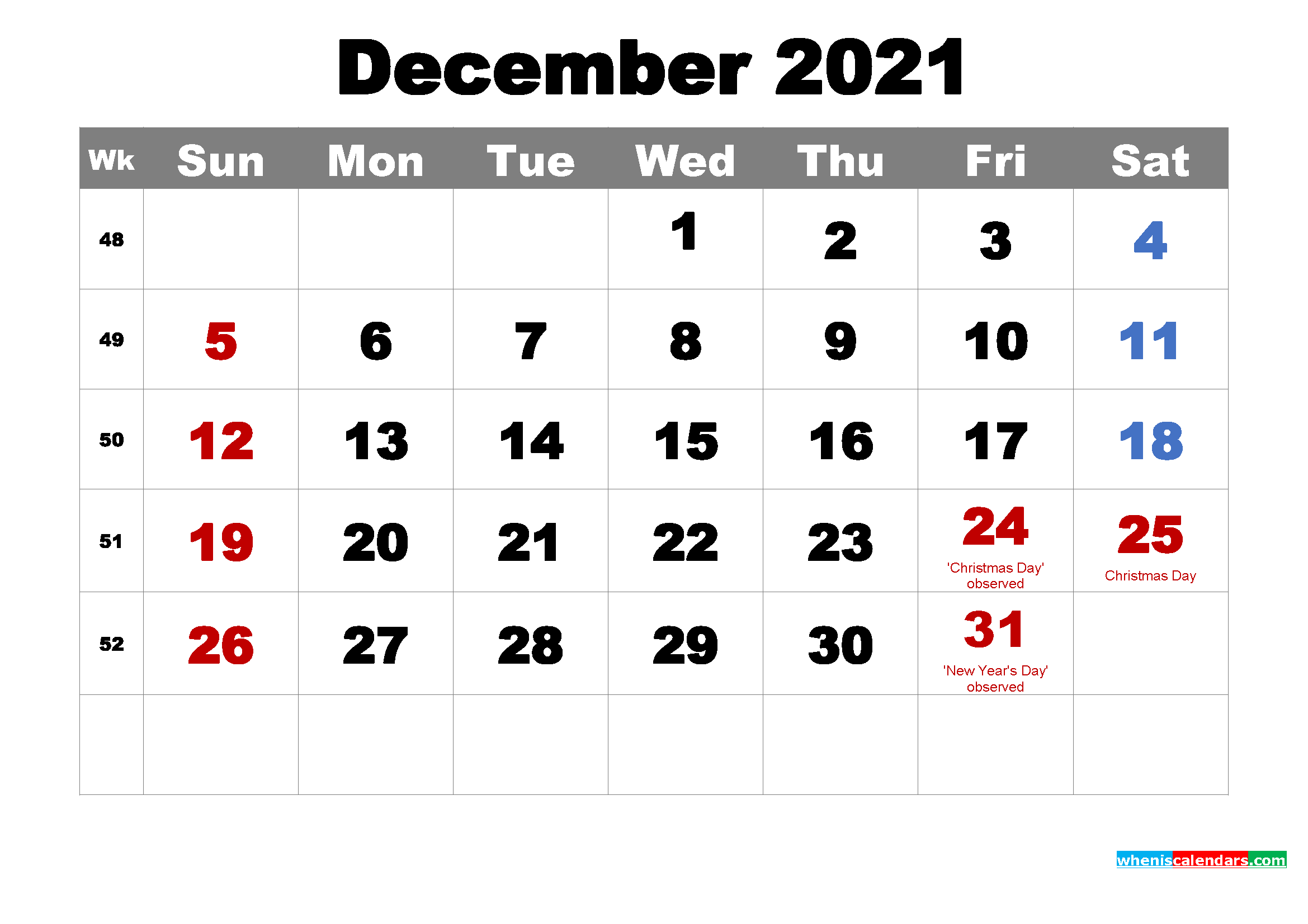 Free Printable December 2021 Calendar with Holidays as Word, PDF