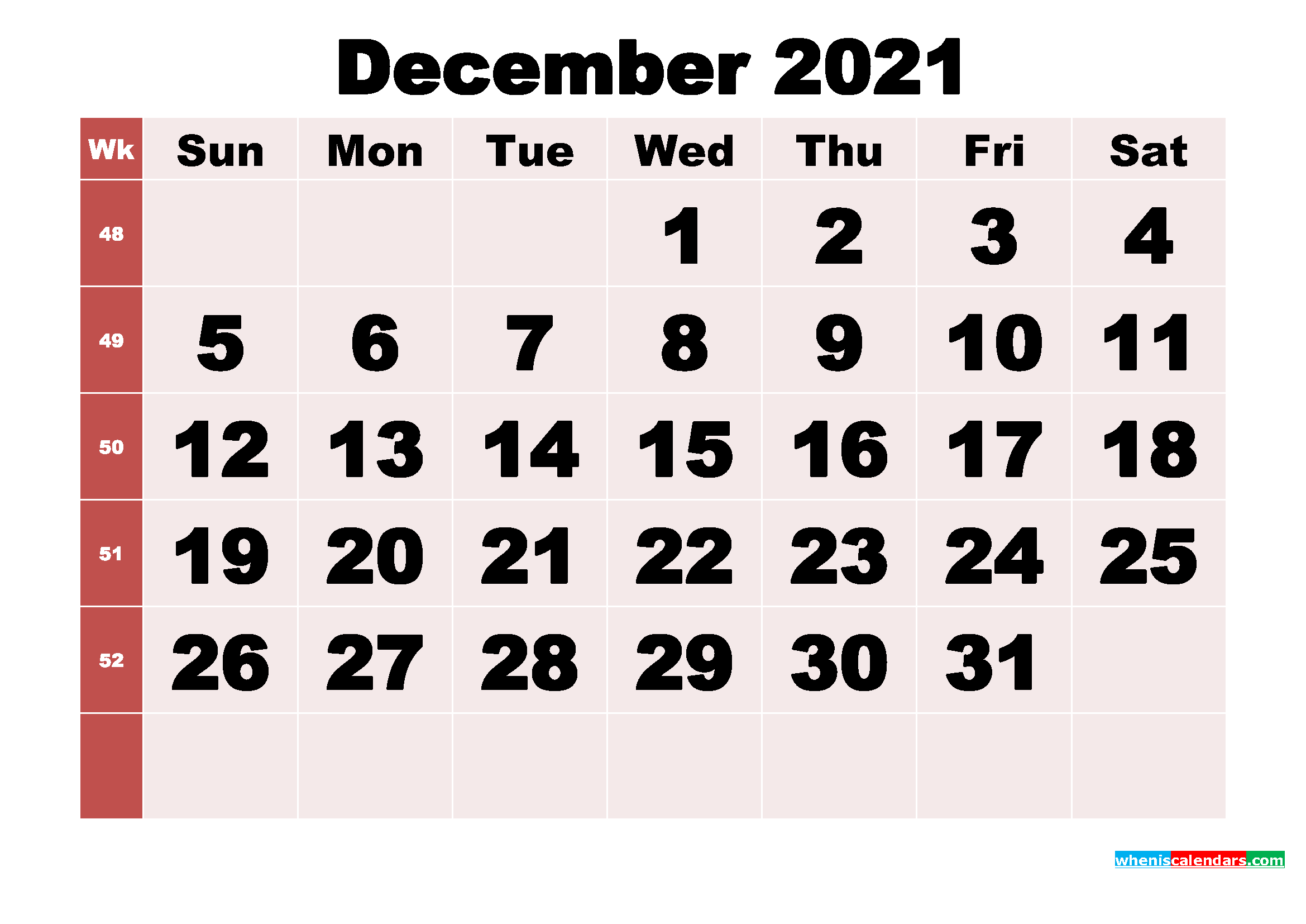 Free Printable Monthly Calendar December 2021