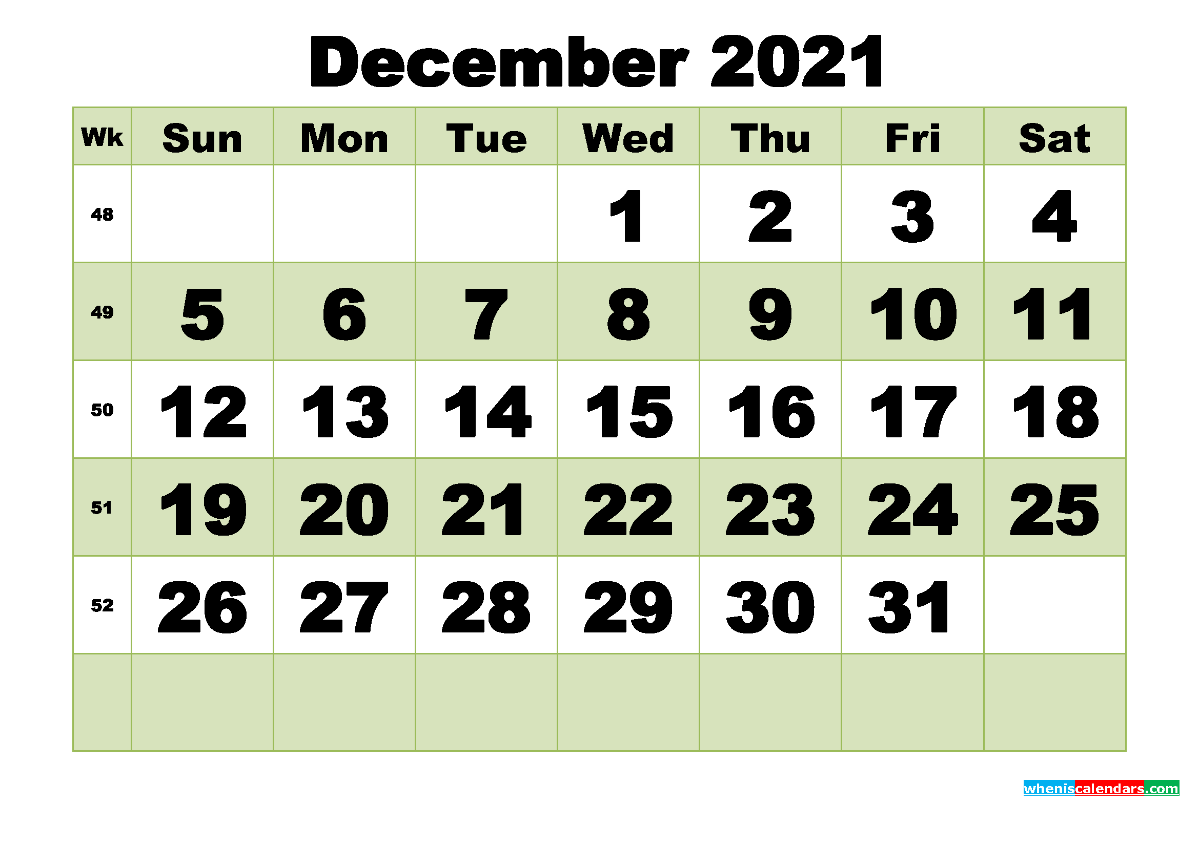 December 2021 Printable Calendar Template