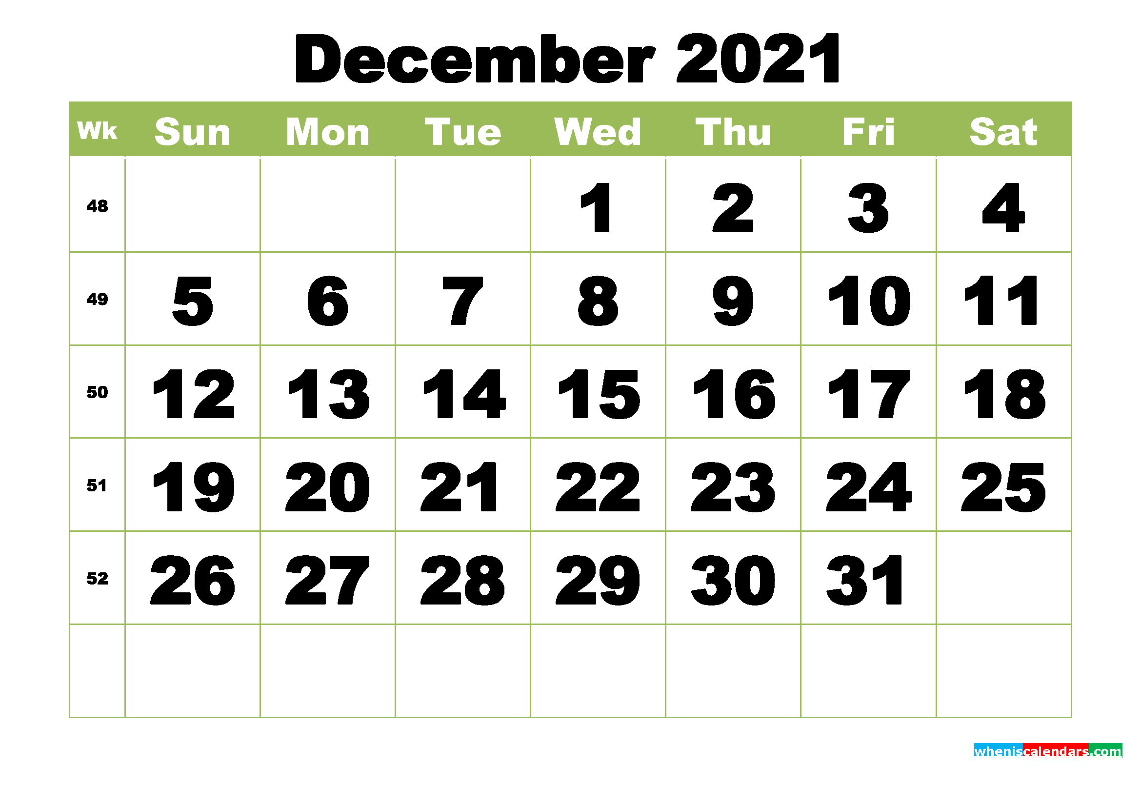 Free Printable Monthly Calendar December 2021