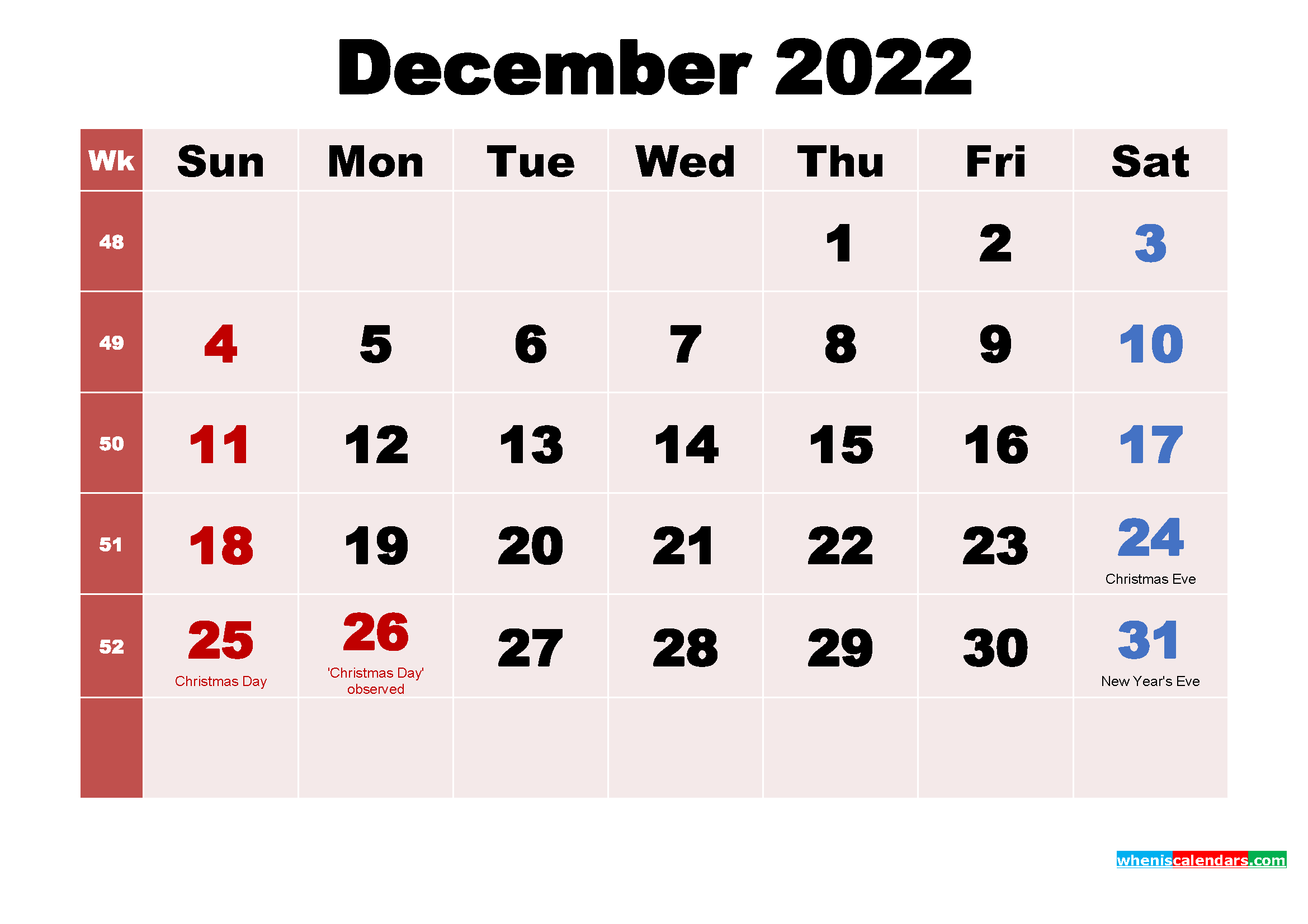 Free Printable December 2022 Calendar with Holidays as Word, PDF