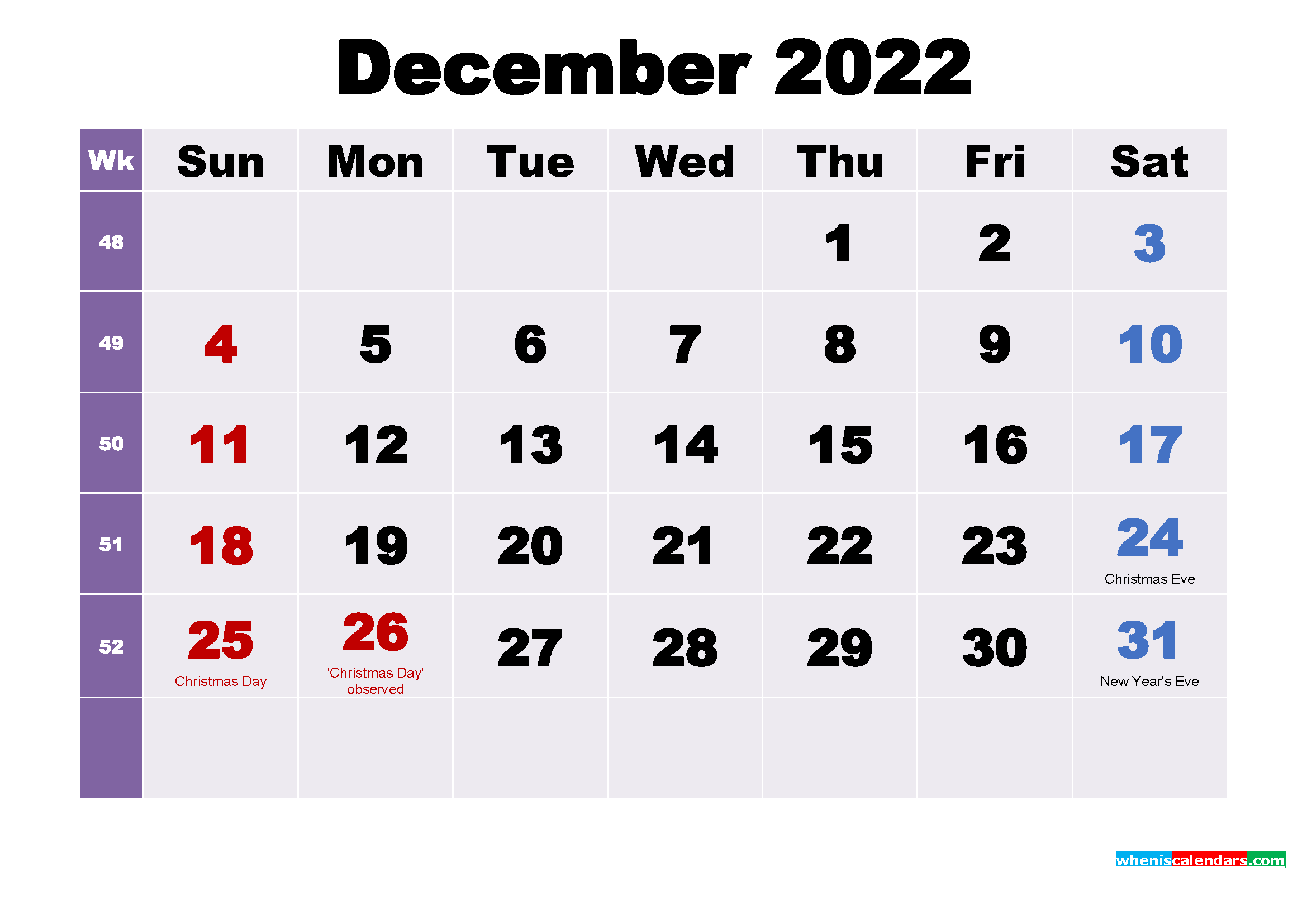 Printable December 2022 Calendar with Holidays Word, PDF