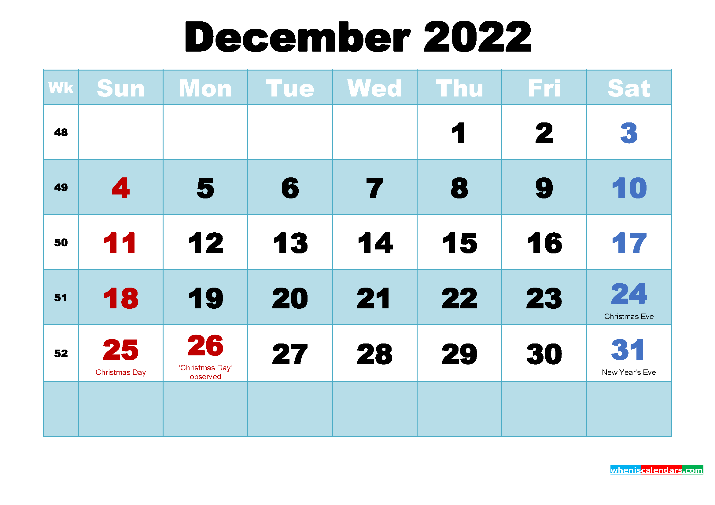 Free Printable December 2022 Calendar with Holidays as ...