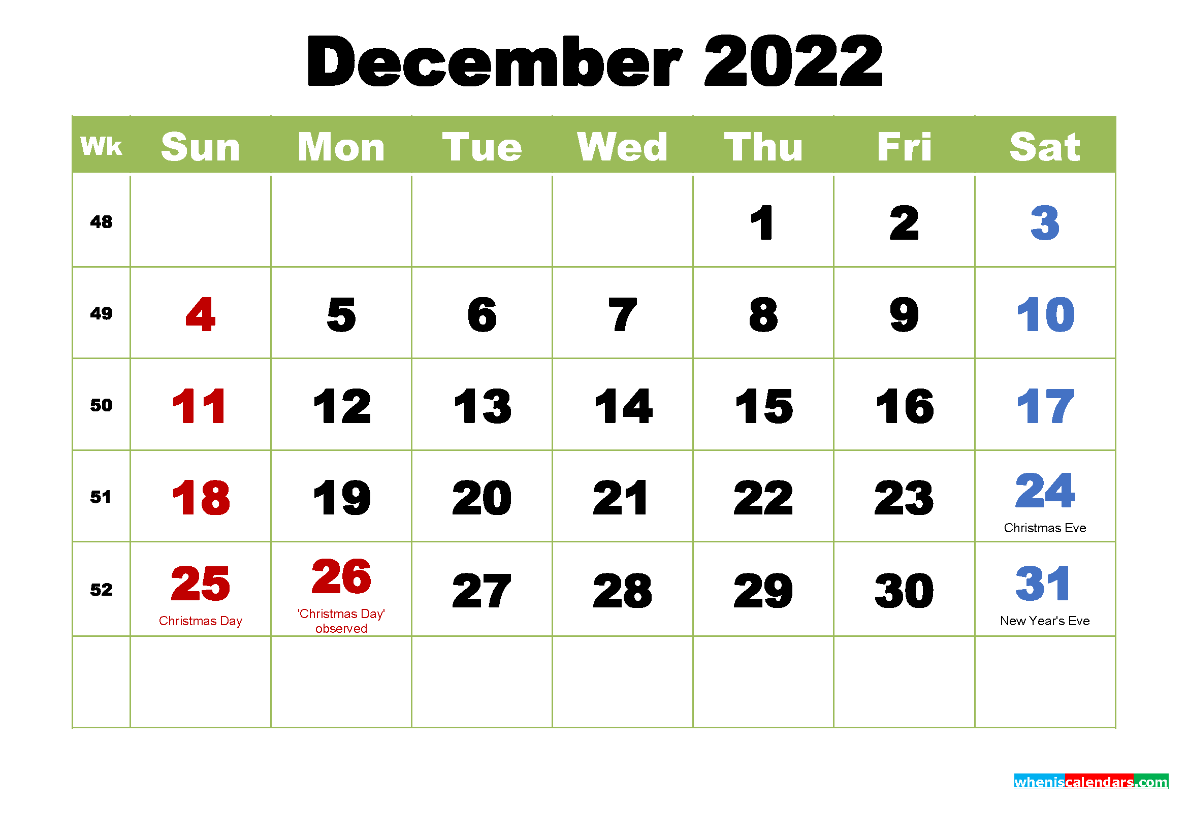 Free December 2022 Printable Calendar With Holidays