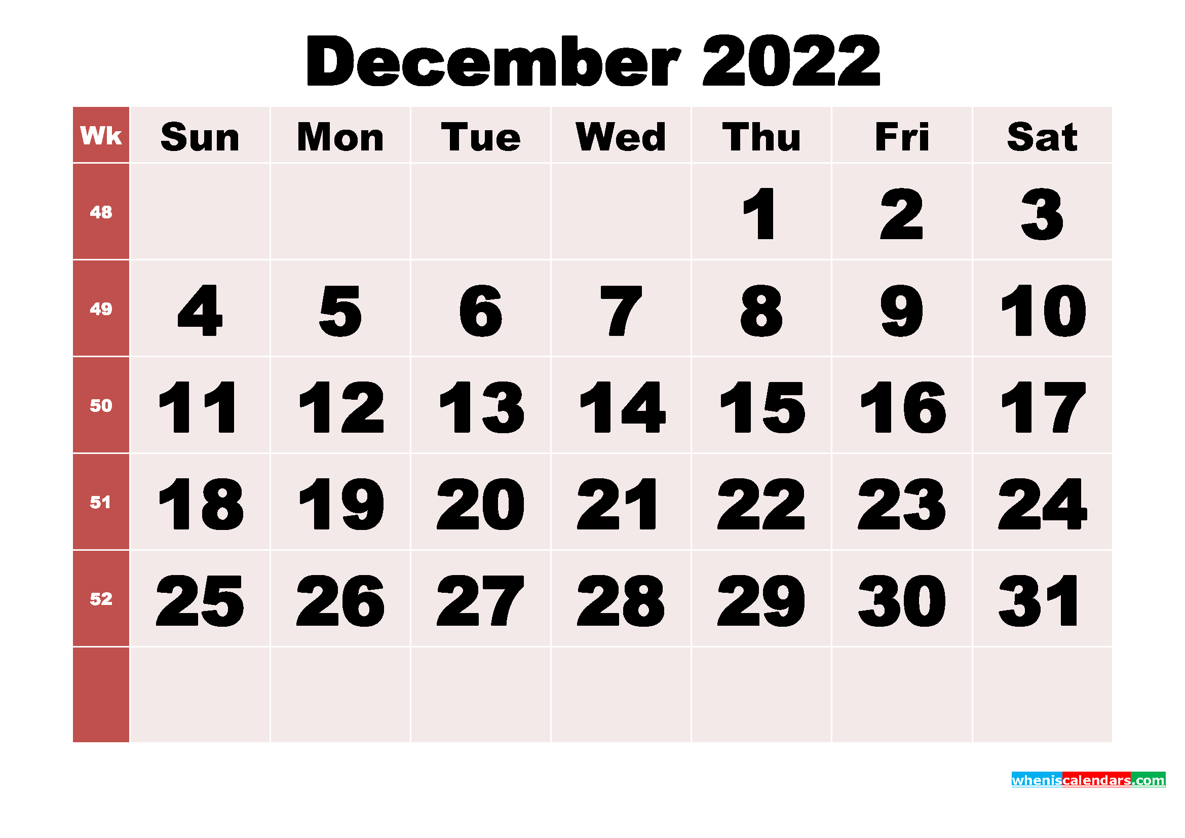 Free Printable Monthly Calendar December 2022