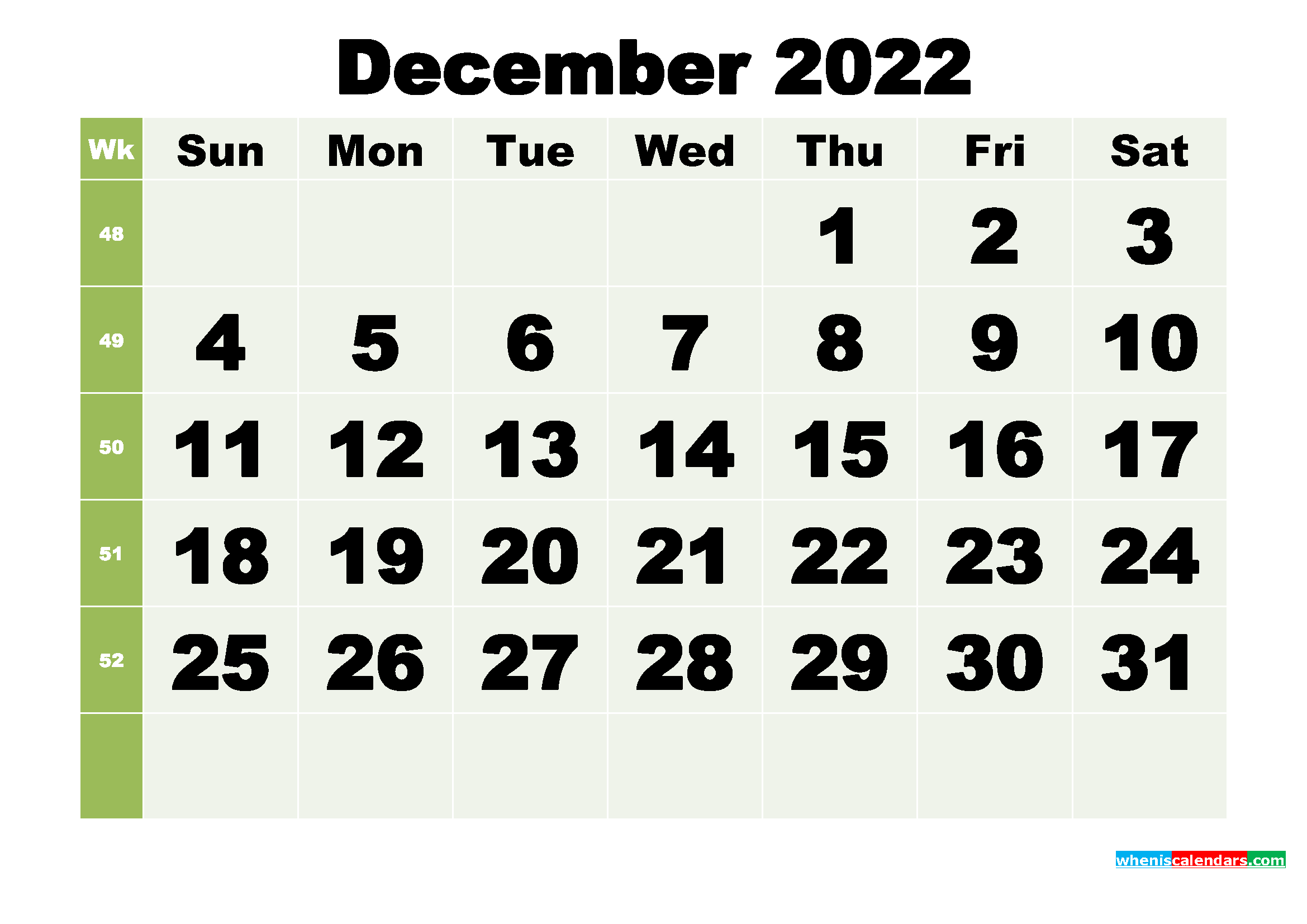 December 2022 Printable Calendar Template